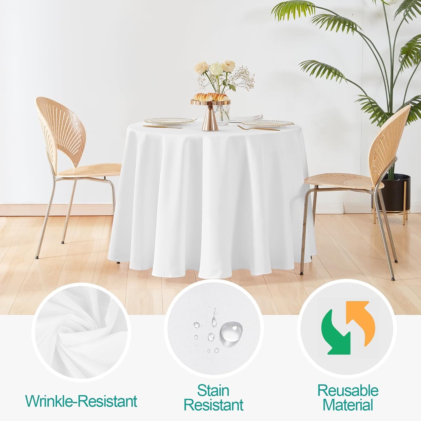 EMART Round Tablecloth White (6 Pack) 132 inch Circular Polyester Table Cover for Wedding Decor, Birthday Party, Banquet and Formal Events