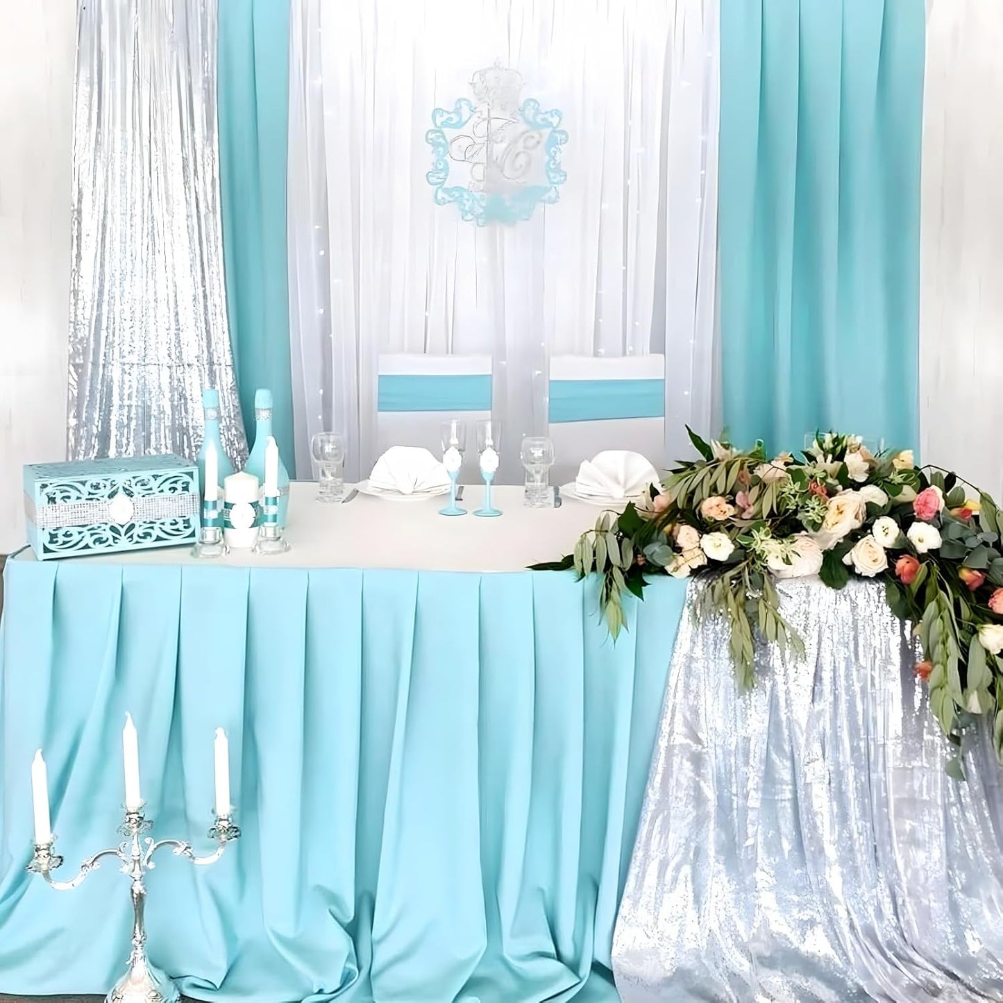 10 x 7 Feet Light Blue Backdrop Curtain for Partie, Background Curtains for Photoshoot, Birthday, Wedding, Halloween, Thanksgiving, Christmas, New Year Party Decorations 5Ft x 7Ft, 2 Panels
