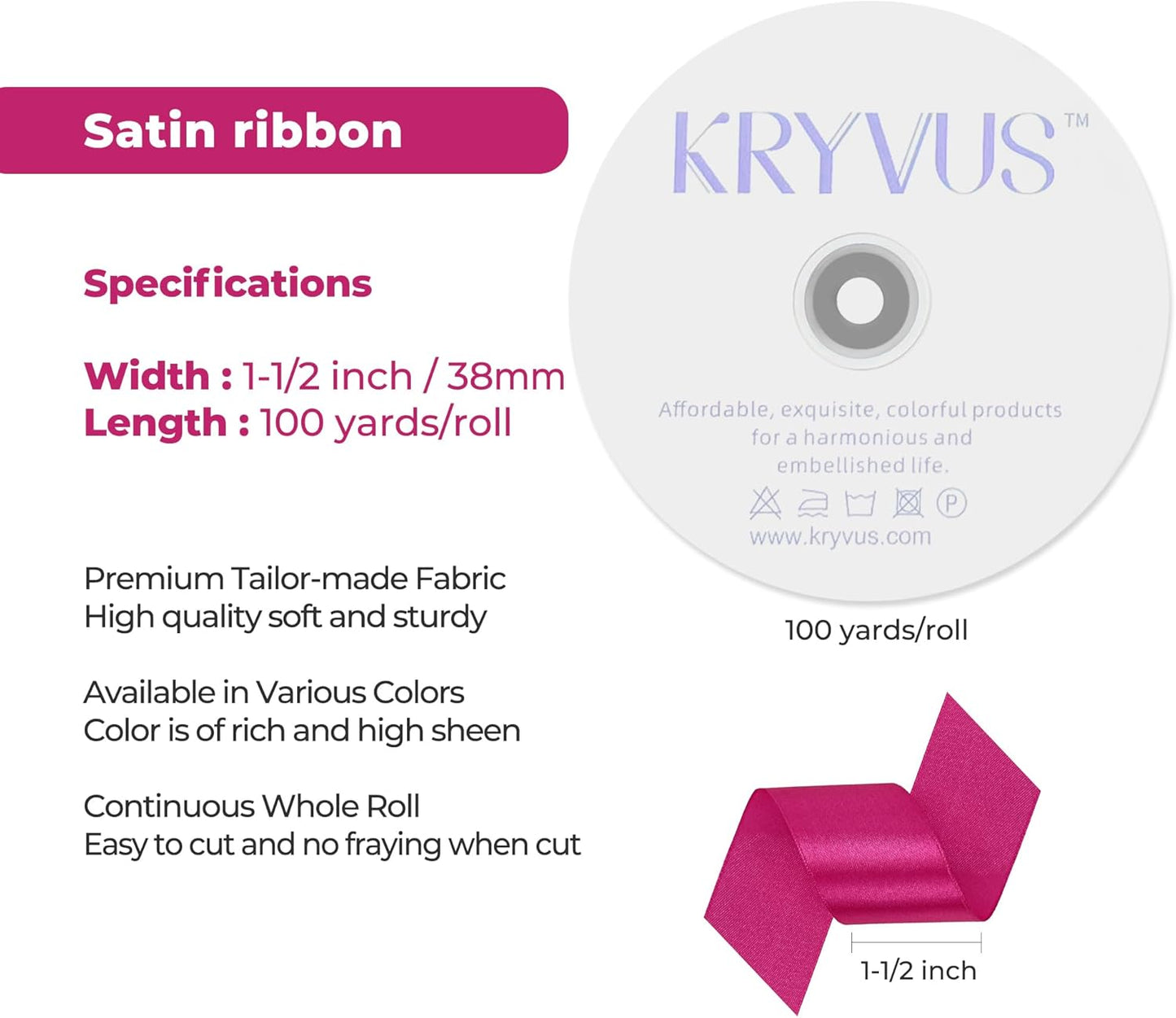 Rose Red Satin Ribbon 1-1/2 inch X Continuous 100 Yards, Single Face Polyester Ribbon Perfect for Gift Wrapping, Flower Bouquet, Wedding Decor, Crafts, Bow Making, Sewing and More