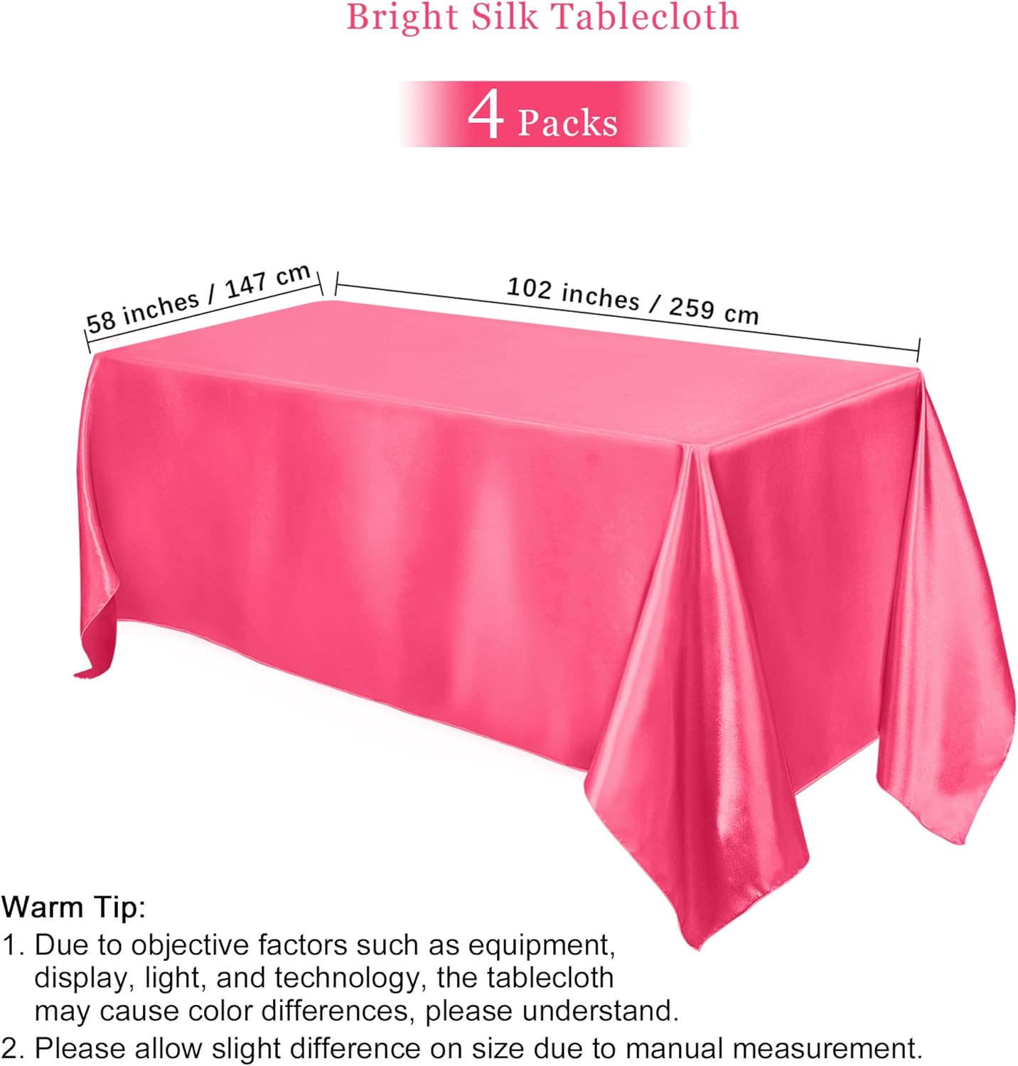 TURSTIN 4 Packs Gradient Pink Satin Tablecloth 102 x 58 Inch Overlay Satin Table Cover Rectangle Bright Silk Tablecloth Smooth Fabric Table Decoration for Wedding Banquet Party Events