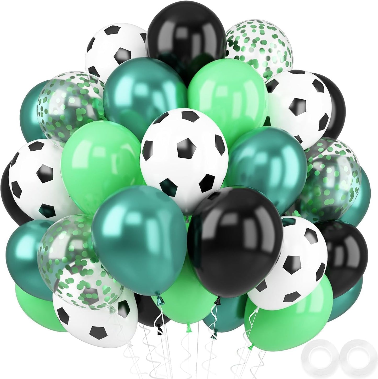 Metallic Chrome Soccer Balloons - 52 PCS 12 Inch Dark Green, Light Green, Black with Soccer Print, Confetti for Sports Theme Party Decorations