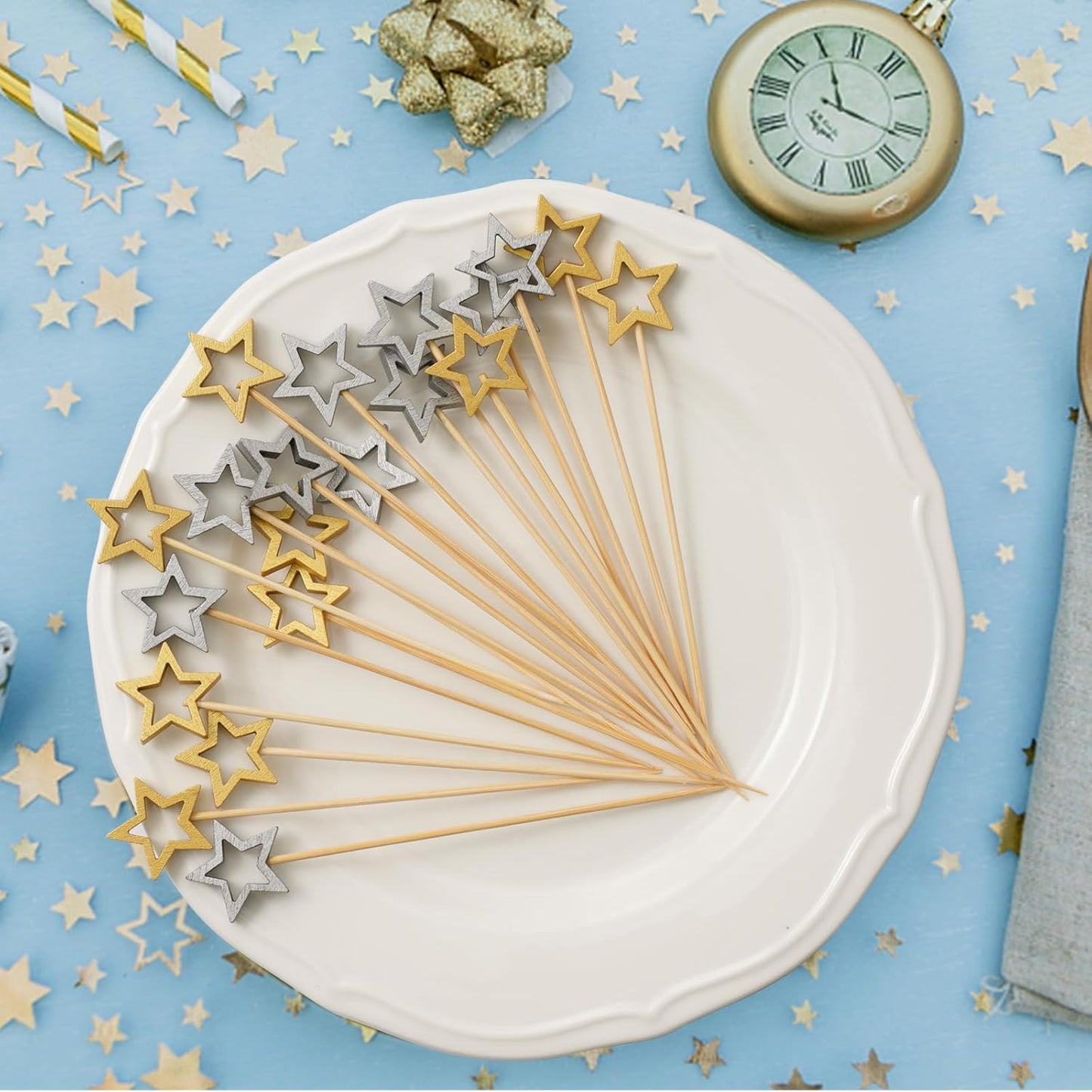 Minisland Big Gold Star Cocktail Picks, 5.5 Inch Long Bamboo Fancy Toothpicks for Appetizers, Decorative Christmas New Year Holiday Party Food Drinks Garnish Fruit Skewer Sticks 50 Counts - MSL430