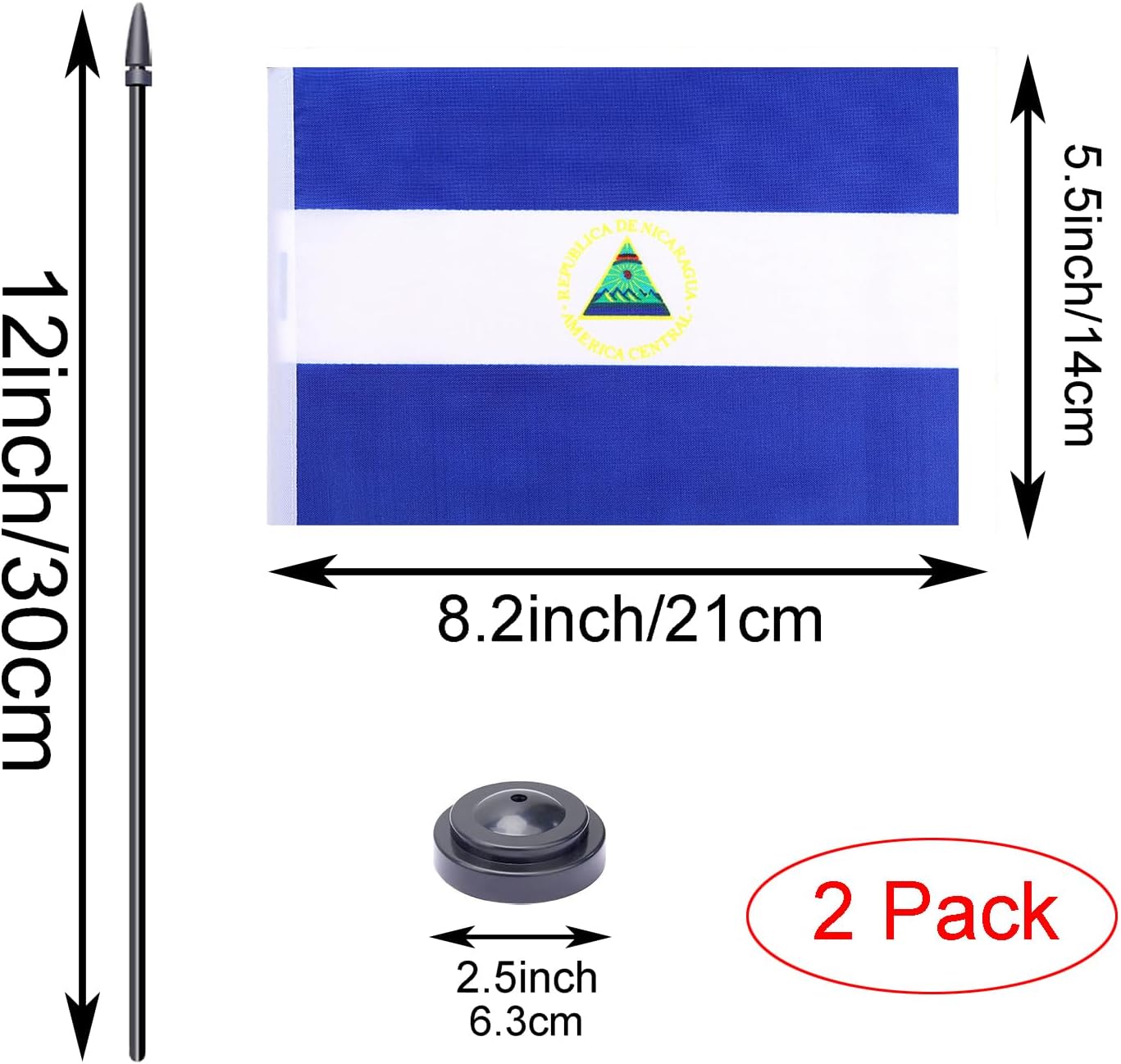 WXTWK 2 Pack Nicaragua Flag Nicaragua Deluxe Desk Flag Set - Mini Small Nicaraguans Table Office Flags with Black 12" Solid Pole Stand Base Classroom Meeting Desktop Decorations