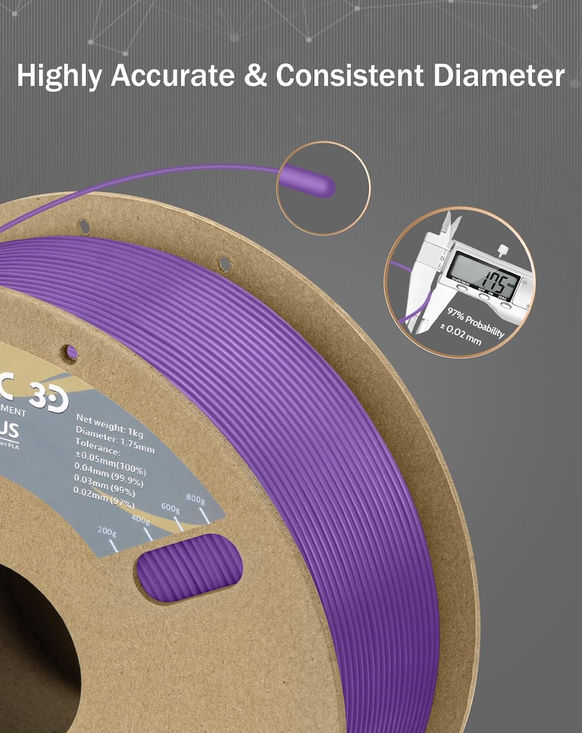 DURAMIC 3D PLA+ Filament 1.75mm 1Kg Purple, PLA Plus Filament 1Kg Spool(2.2lbs) Tougher and Stronger, Dimensional Accuracy Probability +/- 0.02mm