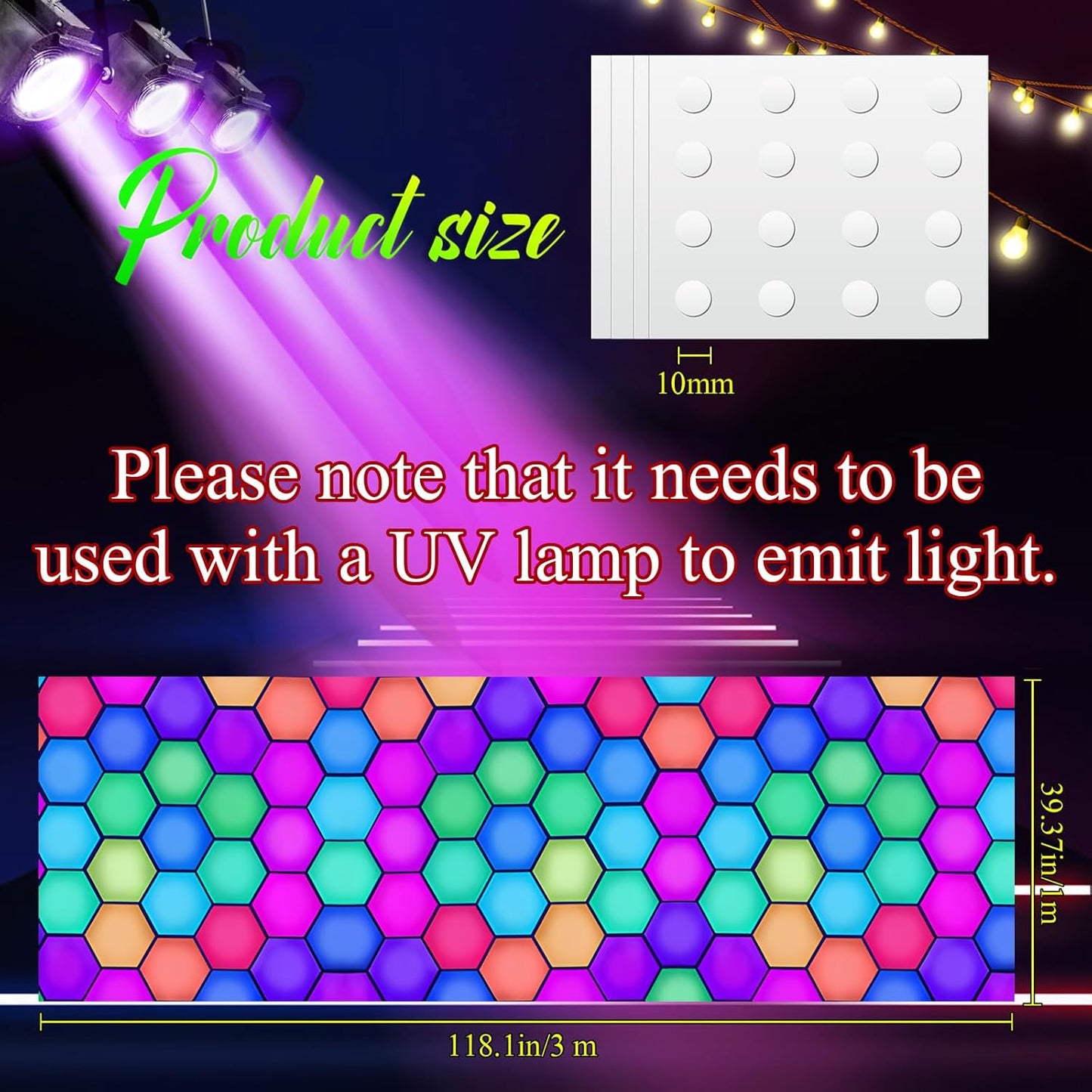 Haull 118 x 39 Inch Neon Light up Dance Floor Glow in The Dark Runner UV Reactive Blacklight Floor Aisle Runner Decor Wall Props for 80s 90s Neon Birthday Party Decorations(Hexagon)