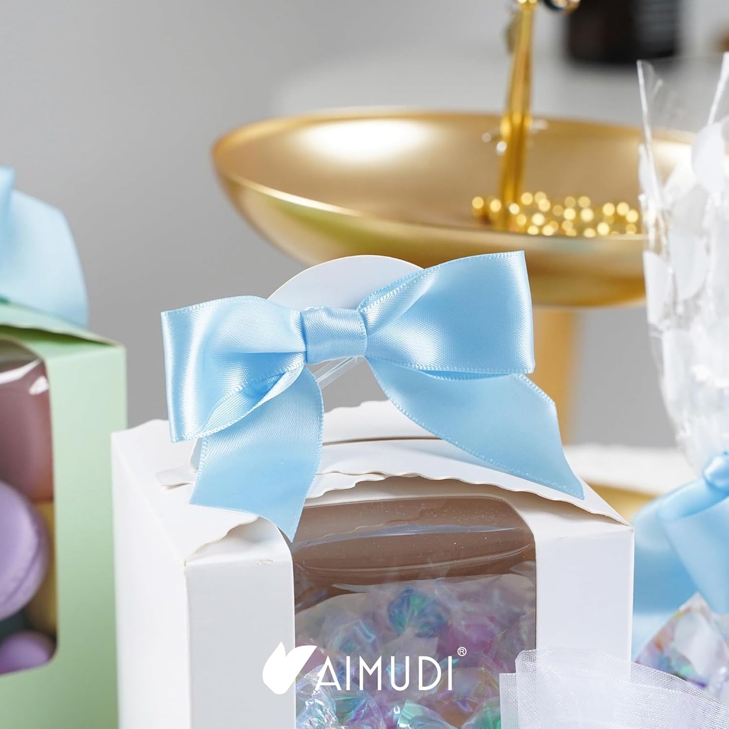 AIMUDI Light Blue Satin Ribbon Twist Tie Bows 2.5" Pretied Blue Bows for Baby Shower Premade Baby Blue Bows for Crafts Treat Bags Cake Pop Gift Wrapping Wedding Party Favors Goodie Bags - 50 Counts