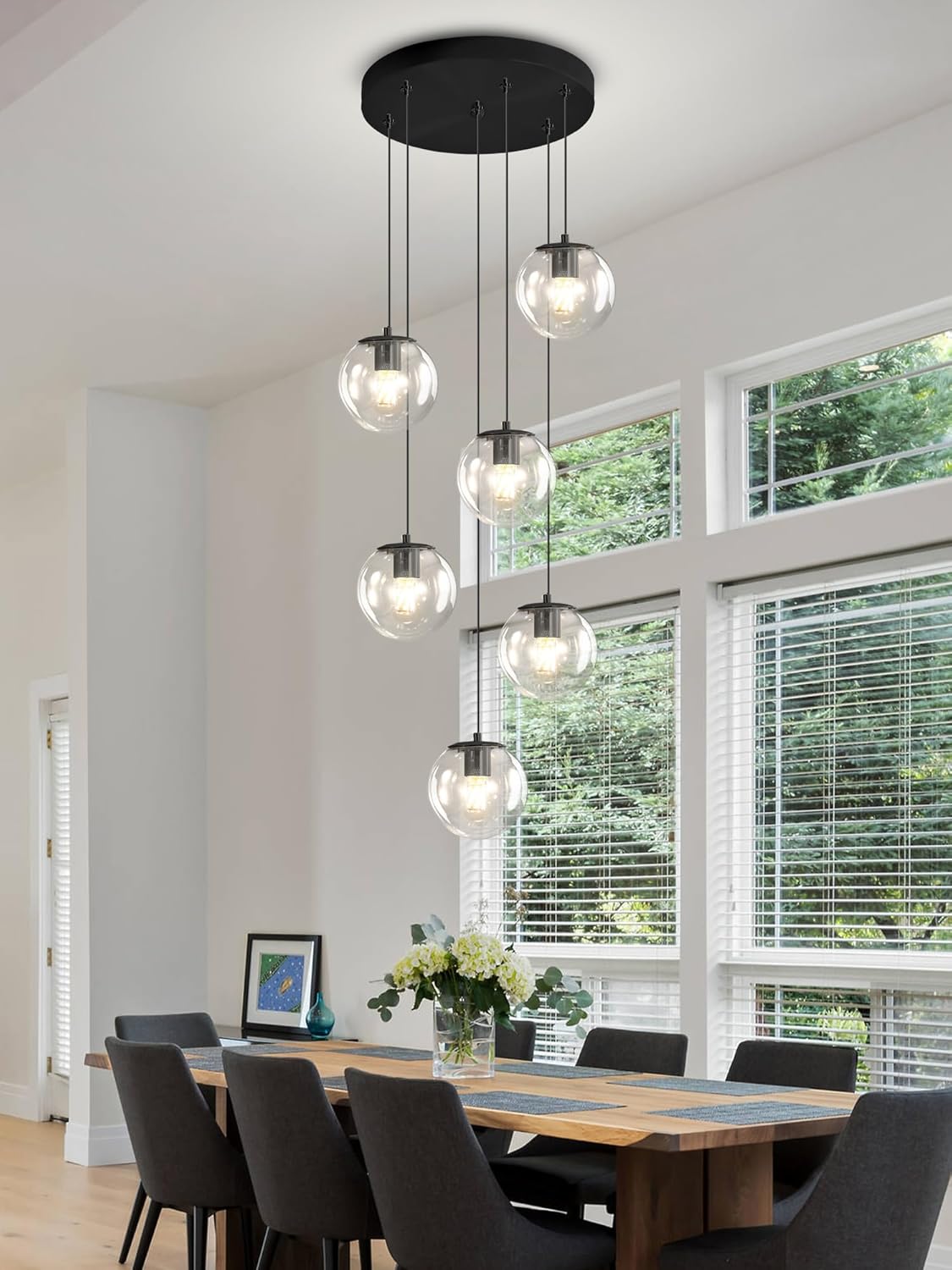 H 87in Modern Glass Globe Chandelier 6-Lights Glass Pendant Light for Staircase Black Globe Chandelier Clear Glass Hanging Lighting for Living Room Bedroom Entryway