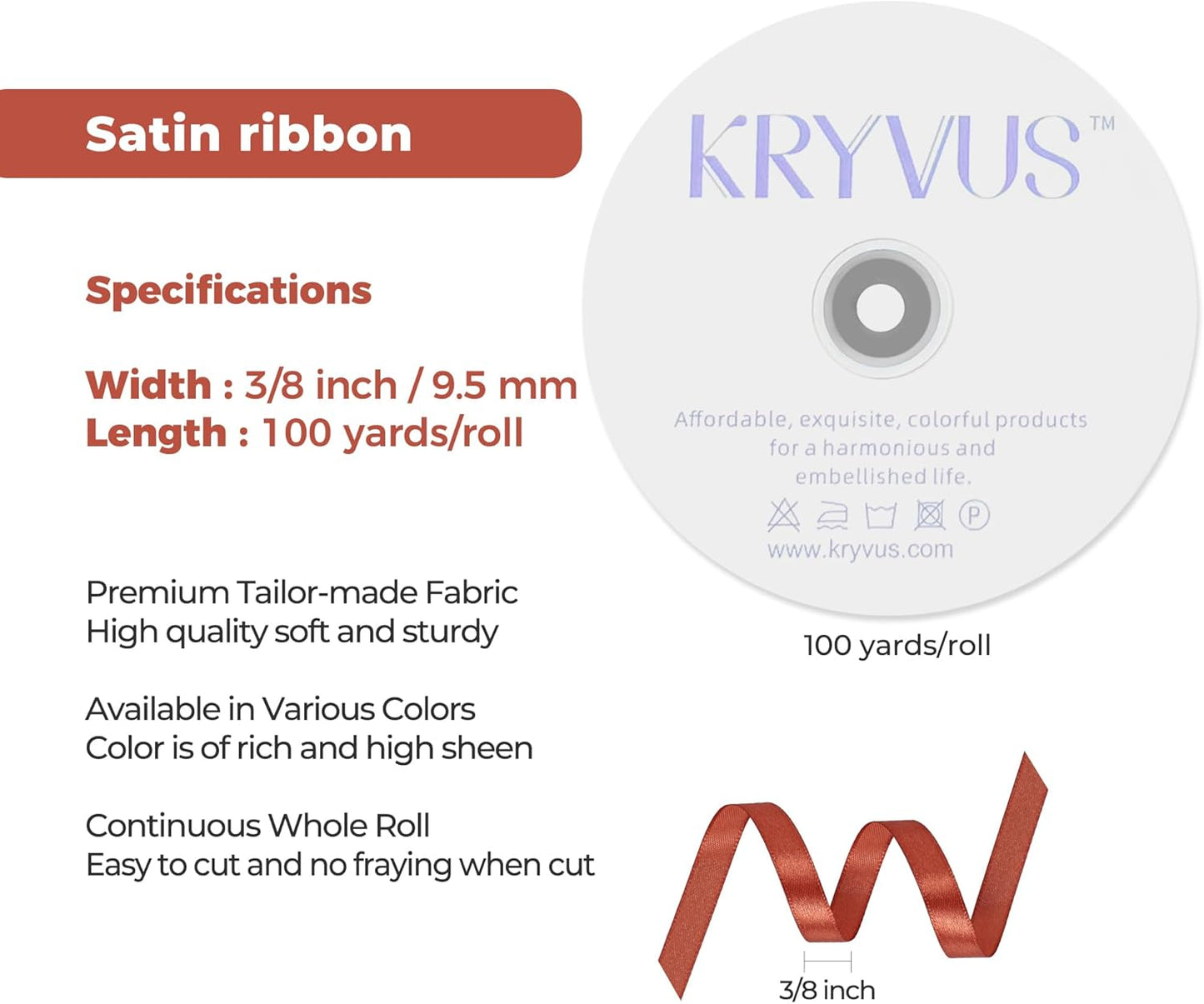 Copper Satin Ribbon 3/8 inch X Continuous 100 Yards, Single Face Polyester Ribbon Perfect for Gift Wrapping, Flower Bouquet, Wedding Decor, Crafts, Bow Making, Sewing and More