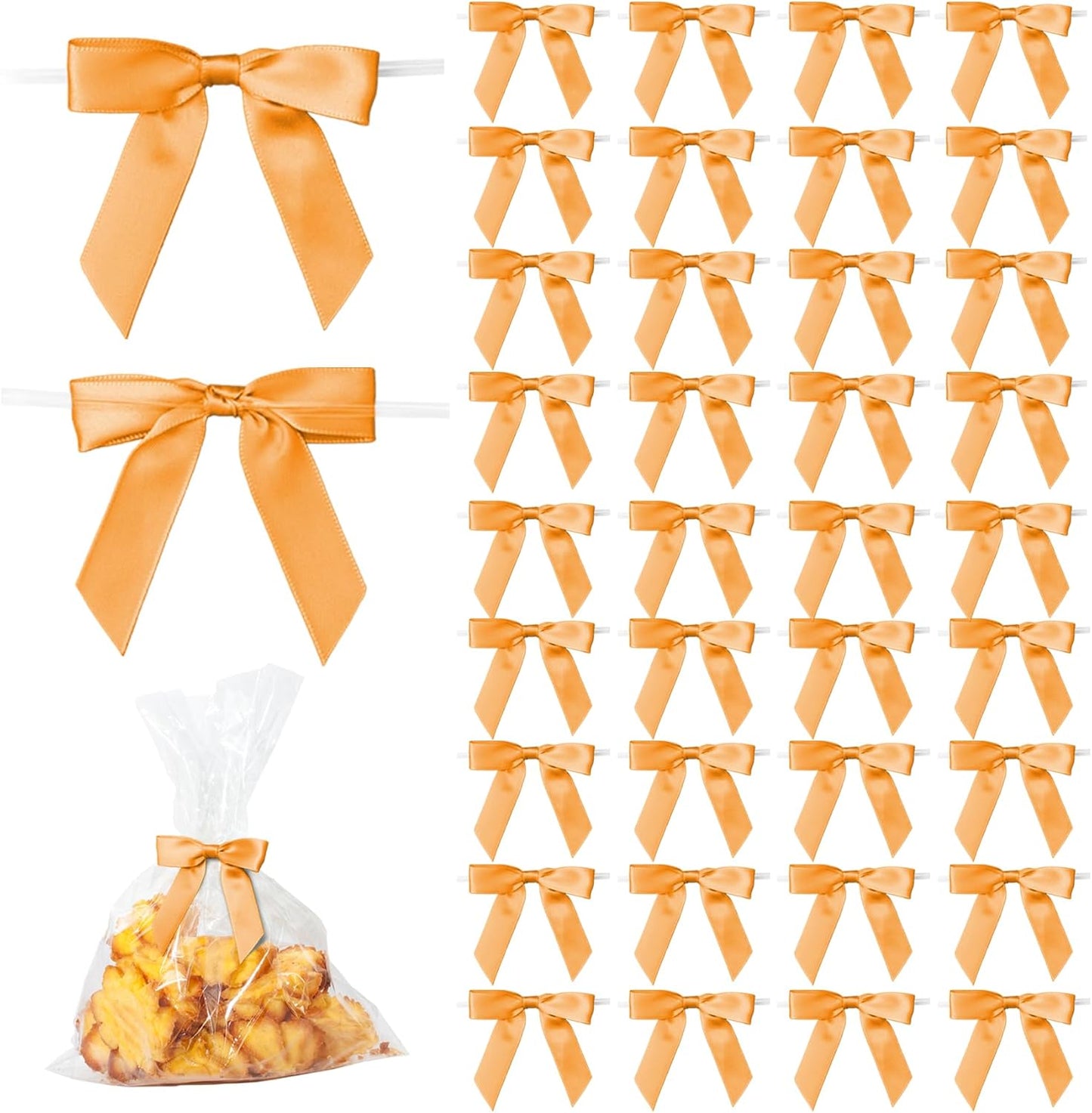 50Pcs Orange Twist Tie Bows for Gift Wrapping 2.5" Satin Ribbon Bow for Treat Bags Balloons Birthday Party Favors Wedding Decorations