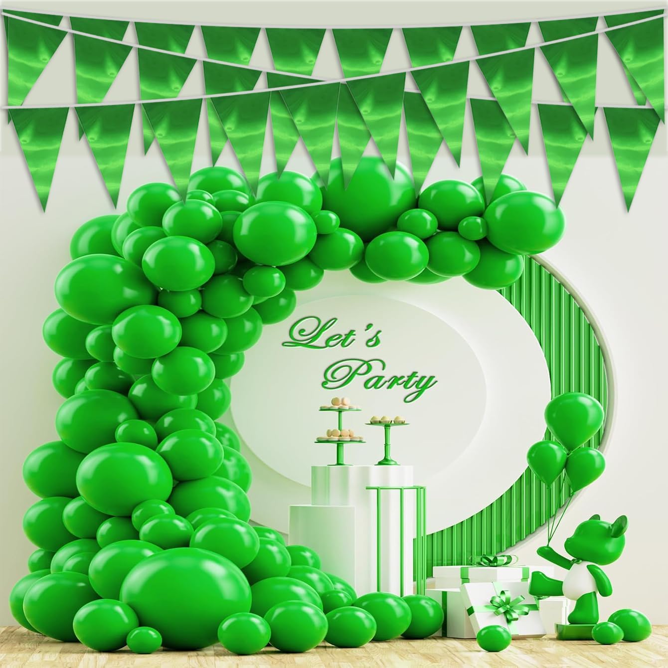 40M/130FT Green Triangle Pennant Banner Flag Metallic Fabric Bunting Garland for Christmas Graduation Safari Birthday Tropical Jungles Wedding Bachelorette Engagement Party Decoration Supplies