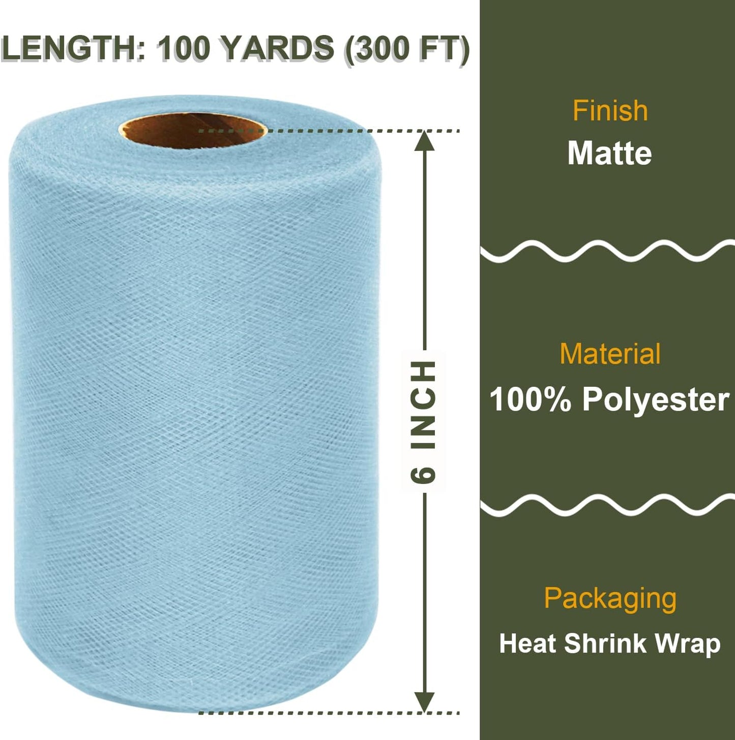 Light Blue Tulle Fabric Roll 6 Inch X 300 FT (100 Yards) Matte Tulle Ribbon Netting Mesh Spool for DIY Tutu Skirt Wedding Bow Gift Wrapping Baby Shower Christmas Party Halloween Decorations