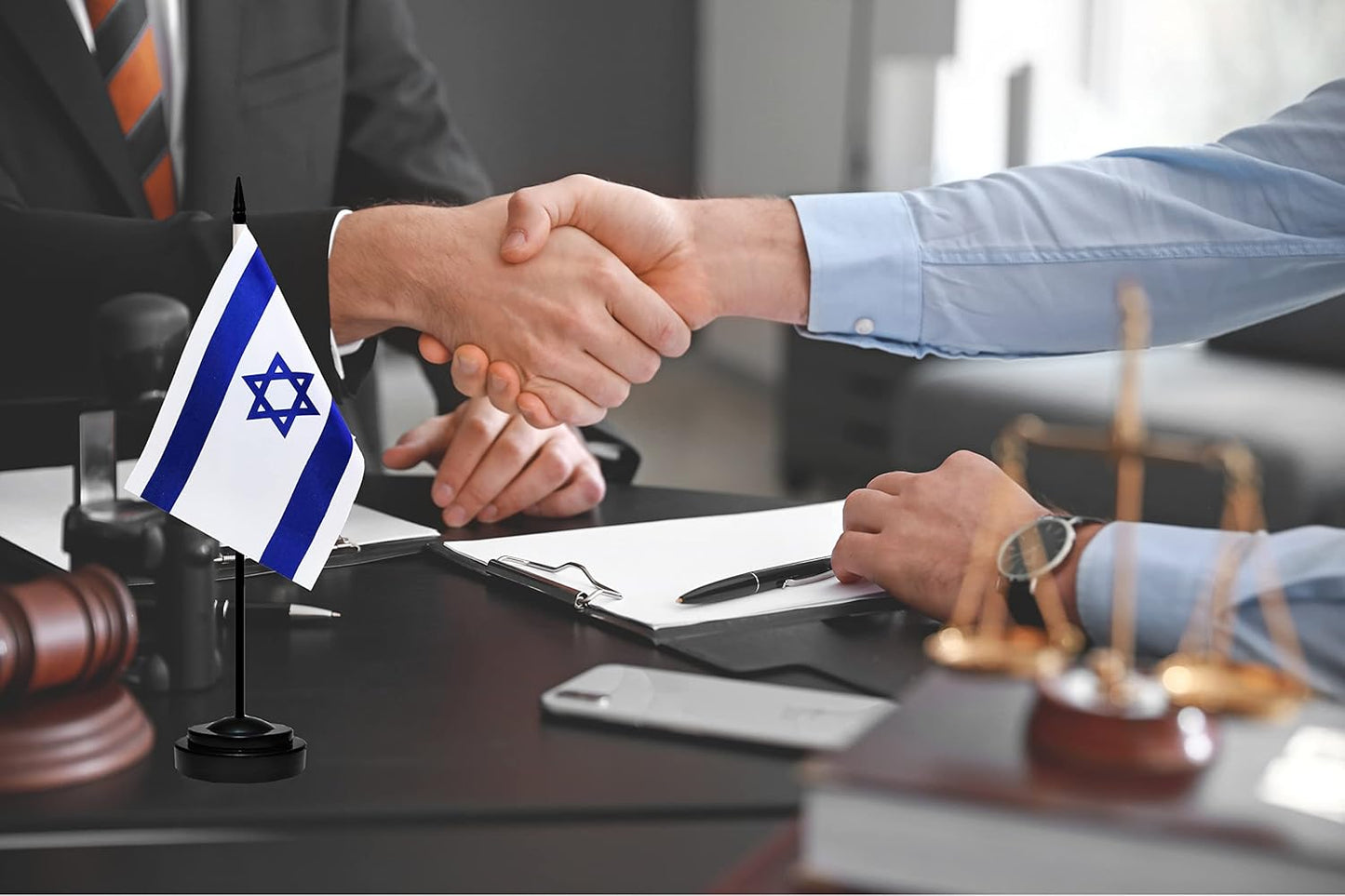 Israel Israeli Deluxe Desk Flag Set Small Mini Miniature Israel Israeli Table Desktop Flags With Solid Pole, Black Base and Spear Top(2 Pack)