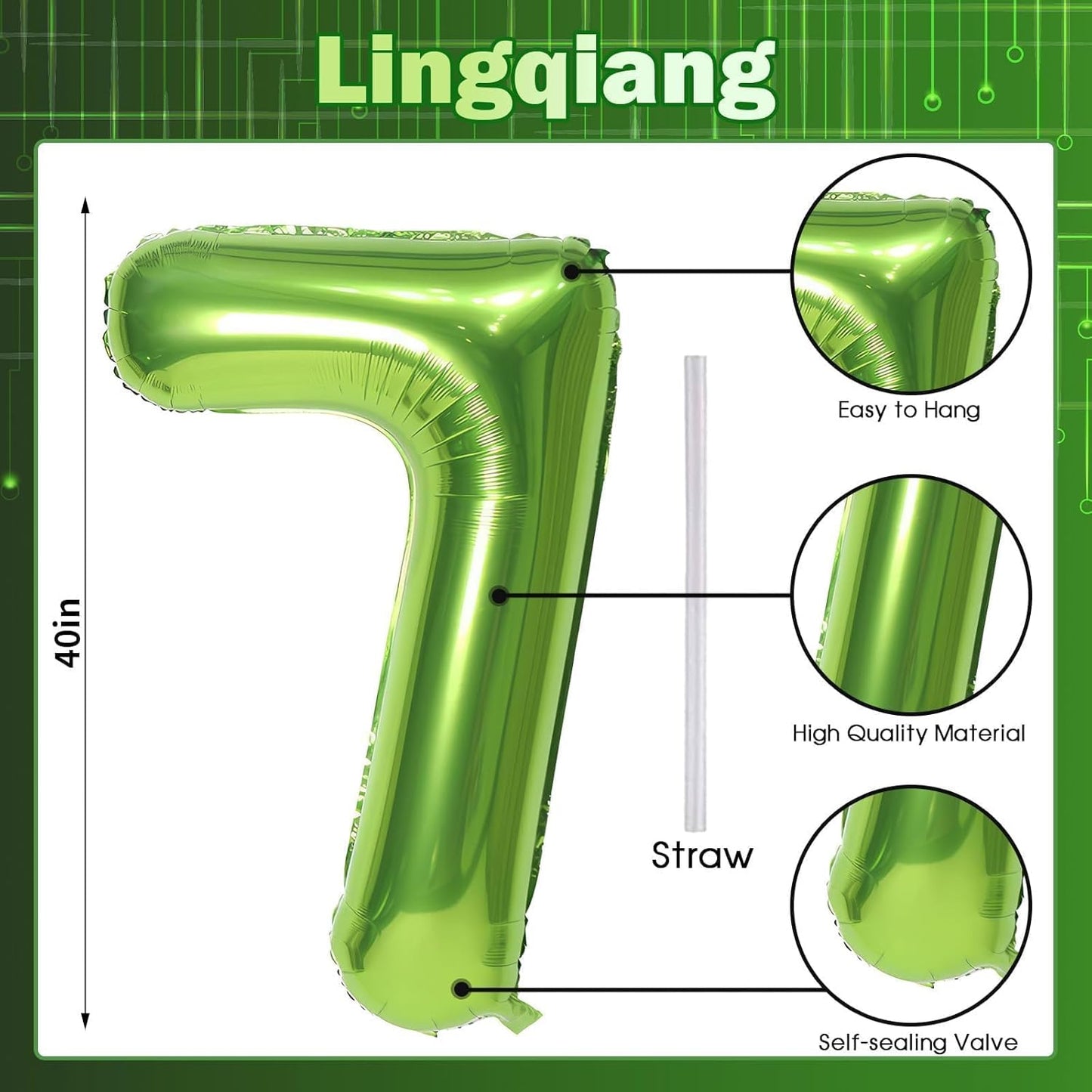 40'' Green Number 7 Balloons, Giant Self Inflating Foil Number Balloons Set 0-9, Large Digital 7 Helium Balloon for Girls Boys 7th Jungle Birthday Party Decorations Anniversary Photo Shoot Supplies