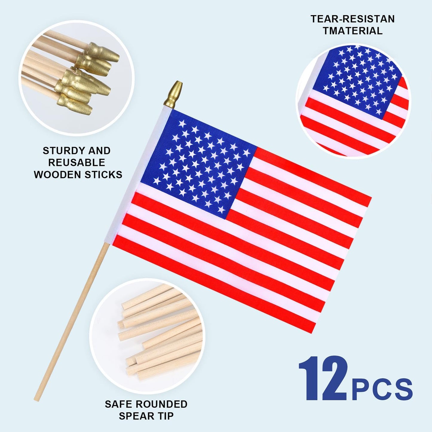 12Pcs Small American USA Flags on Wooden Stick Mini United States Flag Hand Held Flag Decorations,5x8 Inch