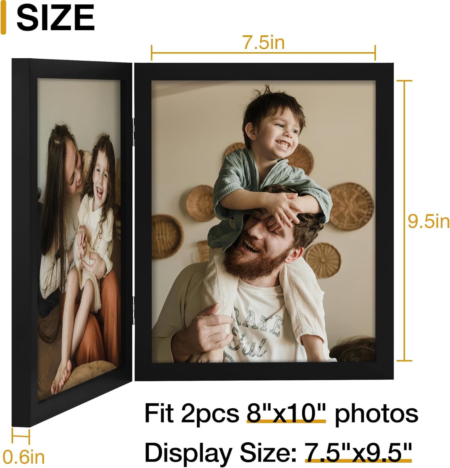 decorUhome Double 8x10 Picture Frame Vertical, Engineered Wood Bifold Photo Frame with Plexiglass for Tabletop Display, 8x10, Black