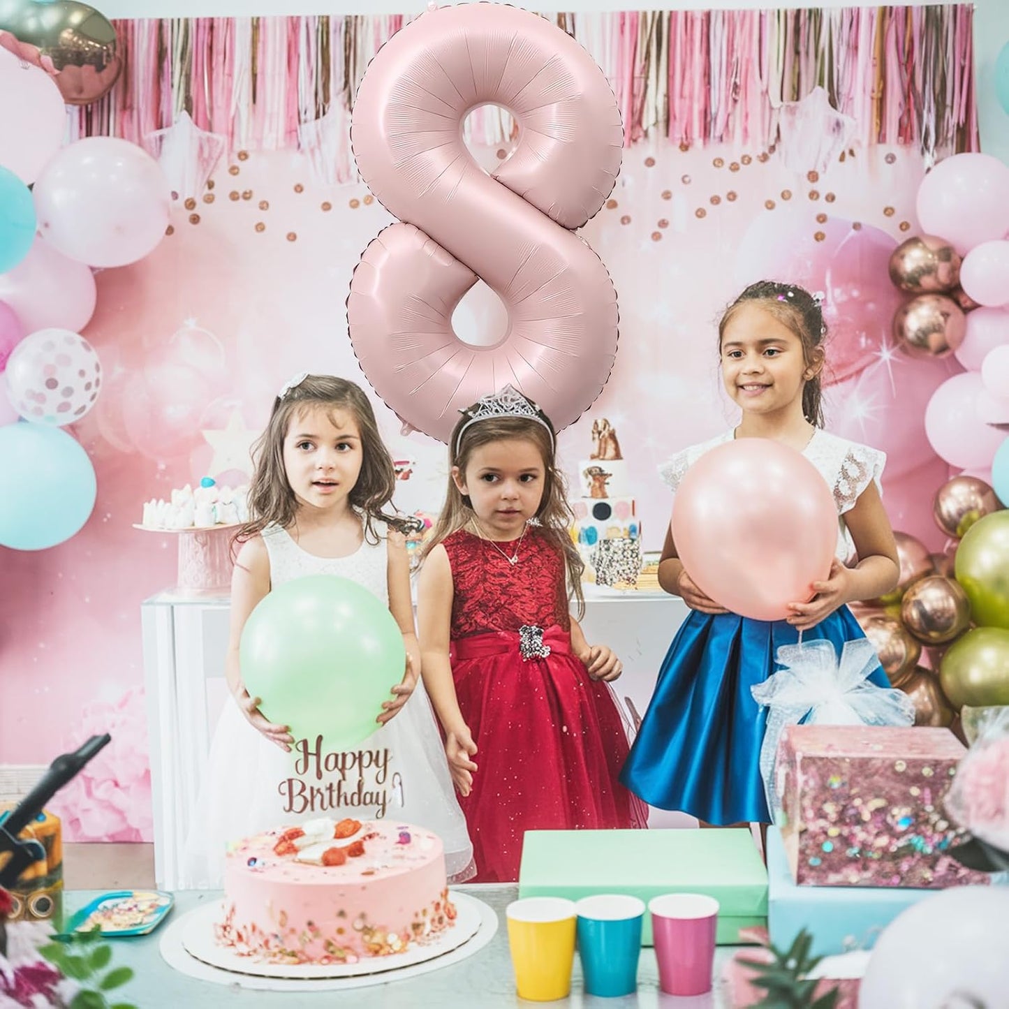 Pastel Pink 8 Balloons, 40" Giant Helium Foil Number Balloon 0-9 Blush Pink Number Balloon 8 for Girls, Self Inflating Digit 8 Balloons for 8th Birthday Women Anniversary Princess Party Decorations