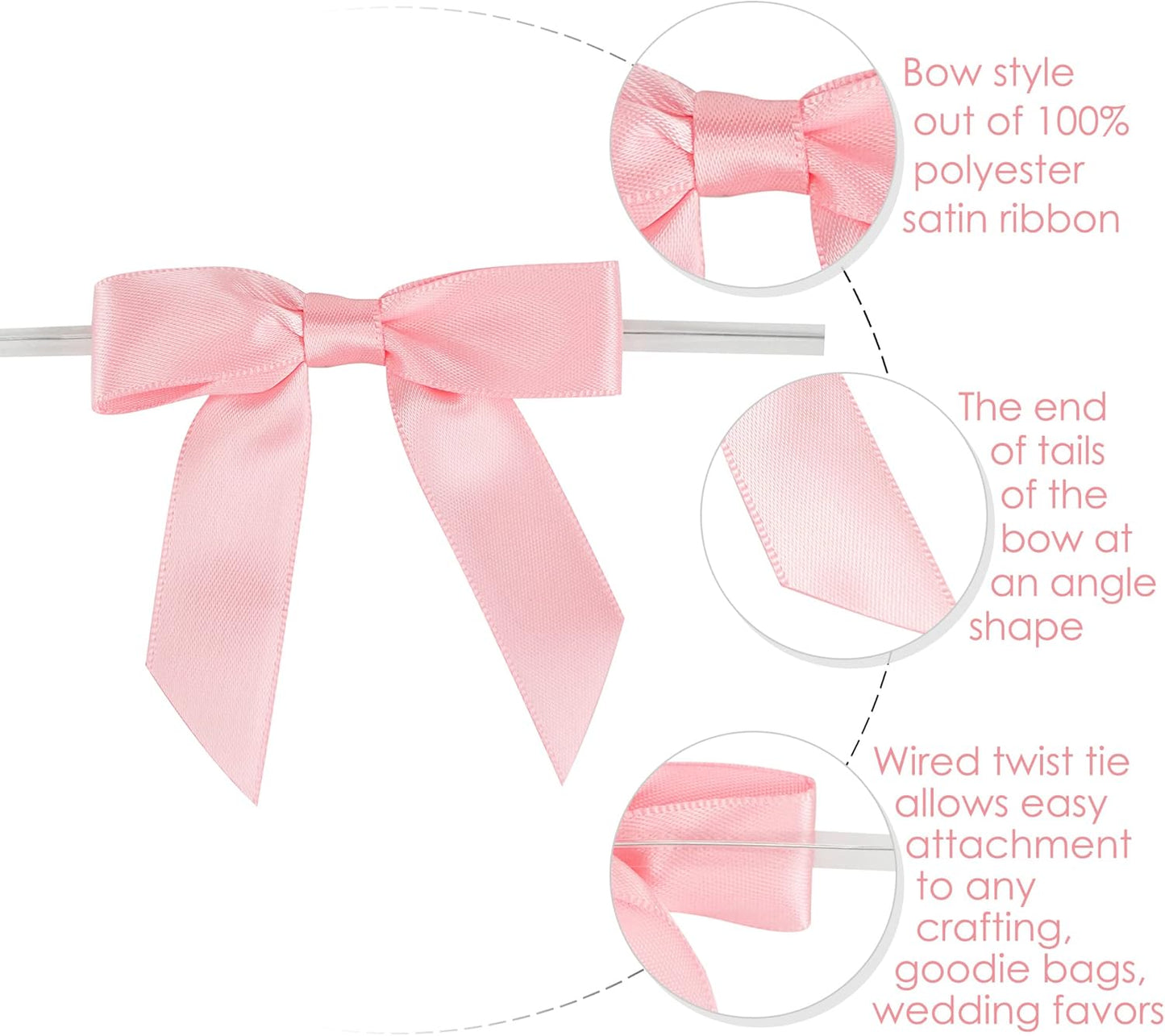 AIMUDI Baby Pink Satin Ribbon Twist Tie Bows 2.5" Light Pink Pretied Bows Premade Craft Bows for Treat Bags Cake Pop Gift Wrapping Basket Wedding Favors Cookie Candy Bagging Baby Shower - 50 Counts