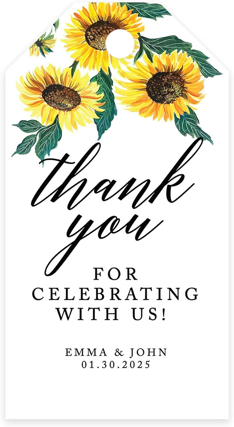 Andaz Press 100-Pack Personalized Thank You Tags with Bakers Twine Sunflowers Custom Cardstock Wedding Gift Tags for Wedding Party Favors 2 x 3.75-Inches