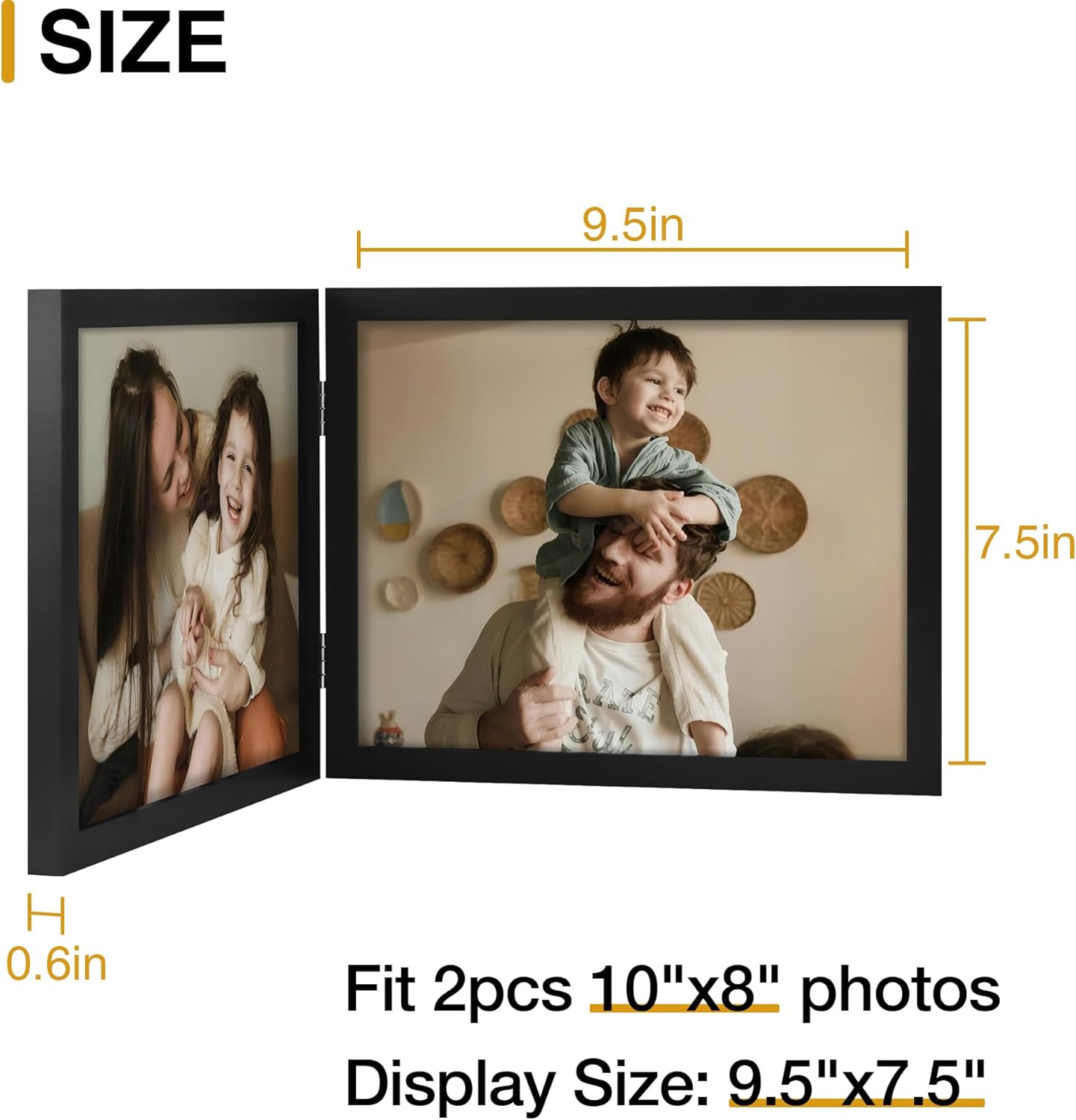 decorUhome Double 10x8 Picture Frame Vertical, Engineered Wood Bifold Photo Frame with Plexiglass for Tabletop Display, 10x8, Black