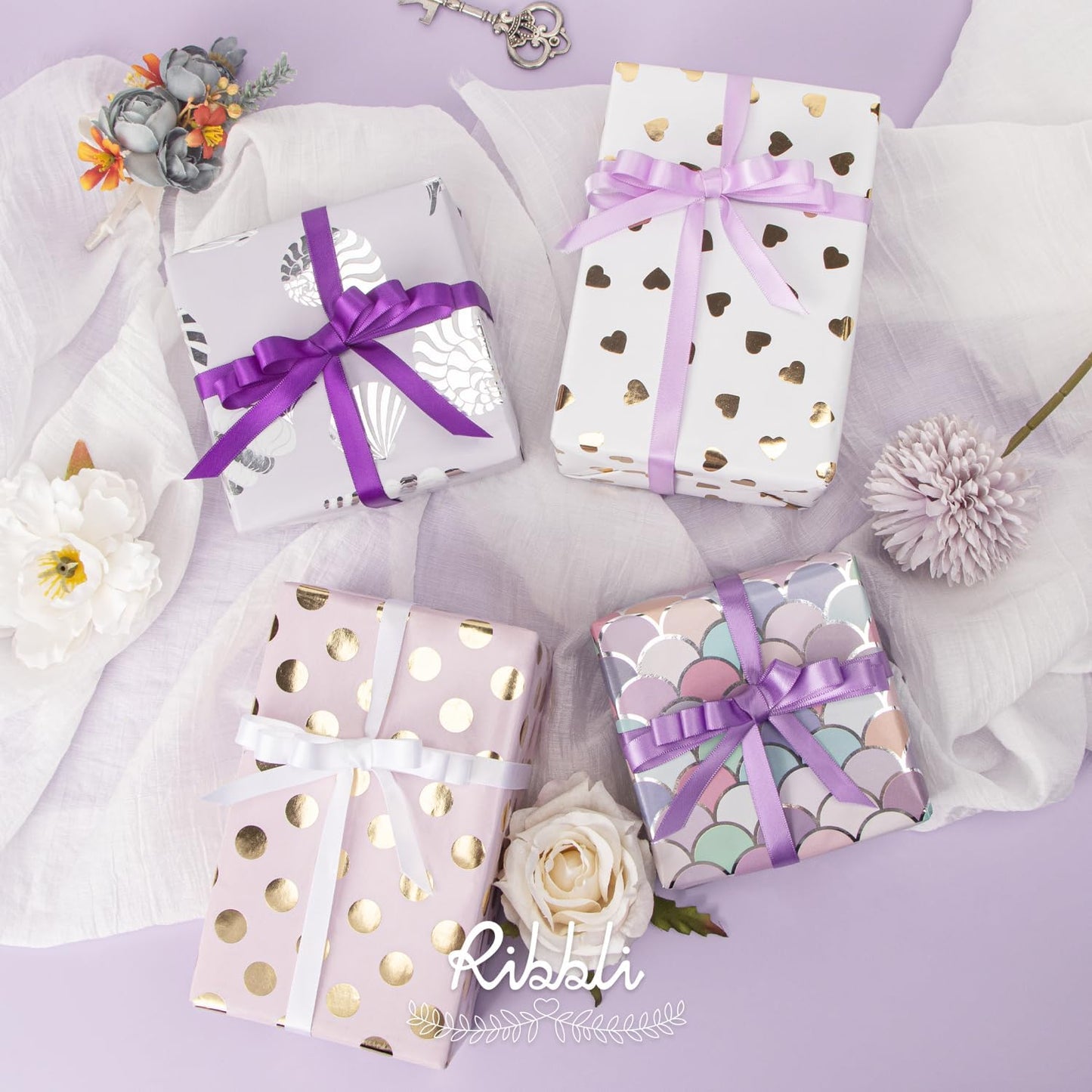 Ribbli Purple Satin Ribbon 3/8 Inch x 4 Rolls Total 40 Yards-White Lavender Purple Ribbon for Gift Wrapping Craft Wedding Decoration