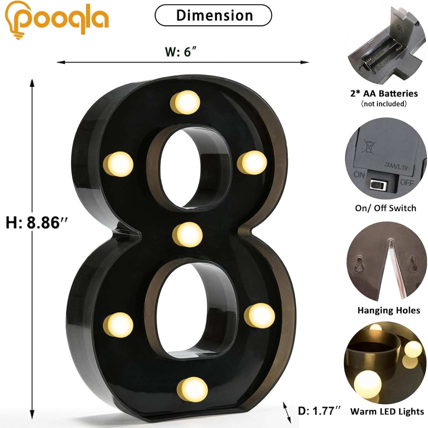 Pooqla Decorative Led Light Up Number Letters, Black Plastic Marquee Number Lights Sign for 8th 18th 80th Birthday Party Wedding Decor Battery Operated Black Decoration 8
