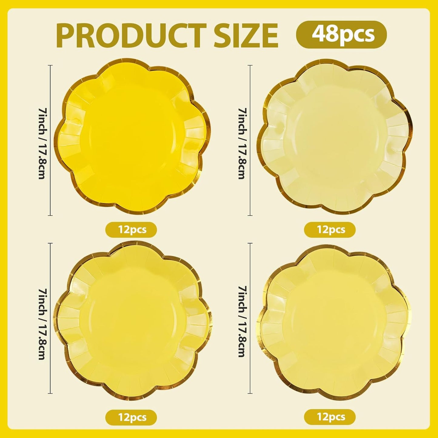 48Pcs Yellow Scalloped Party Plates - 7inch Gold Foil Gradient Yellow Dessert Paper Plate Disposable Cake Plates for Birthday Bridal Baby Shower Wedding Party Decorative Supplies