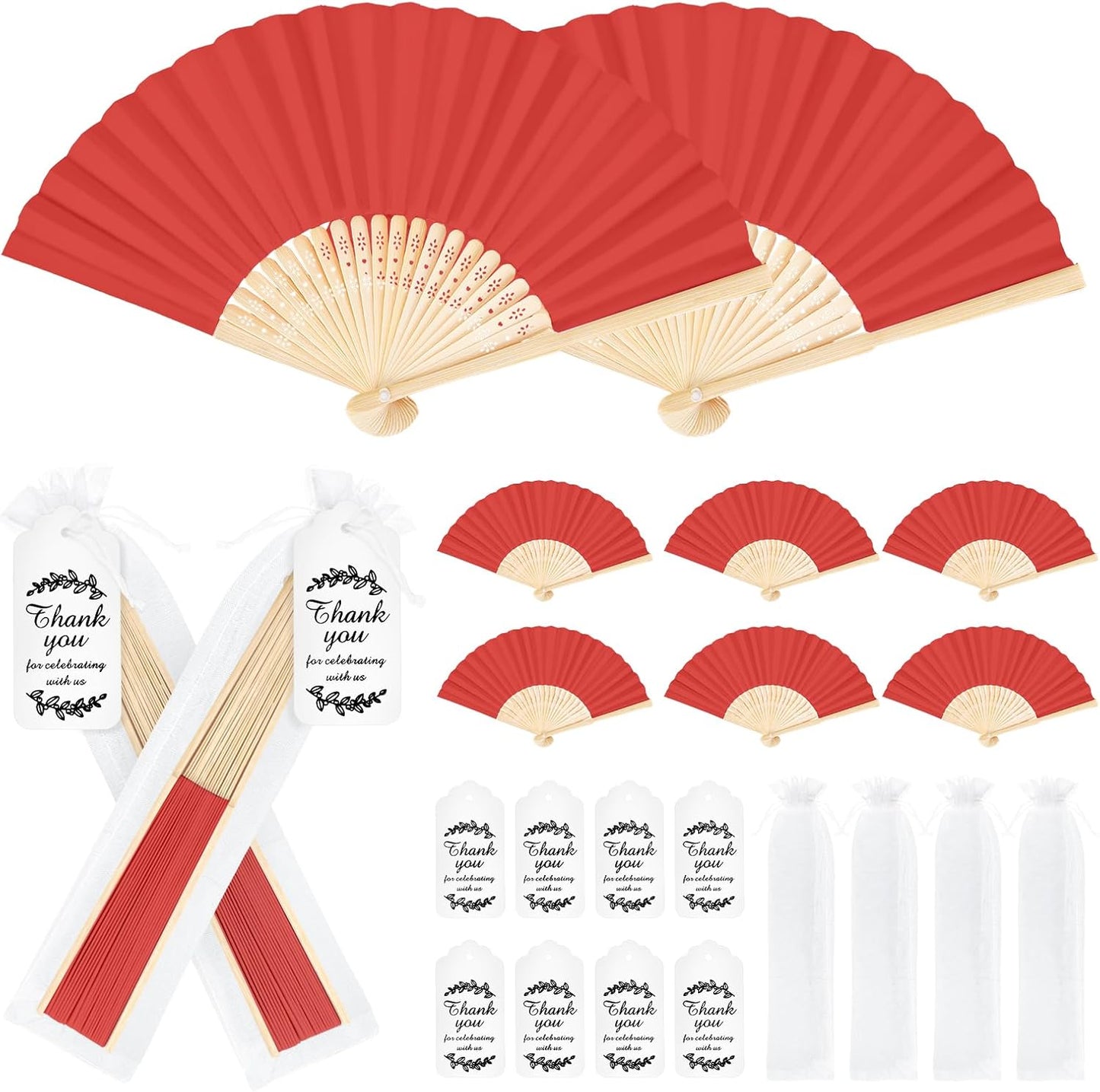 50Set Wedding Hand Fans Party Favors Red Paper Folding Handheld Fans Bulk, DIY Bamboo Fans with Thank Tag Organza Bag for Guests Bridal Dancing Props Church Decoation
