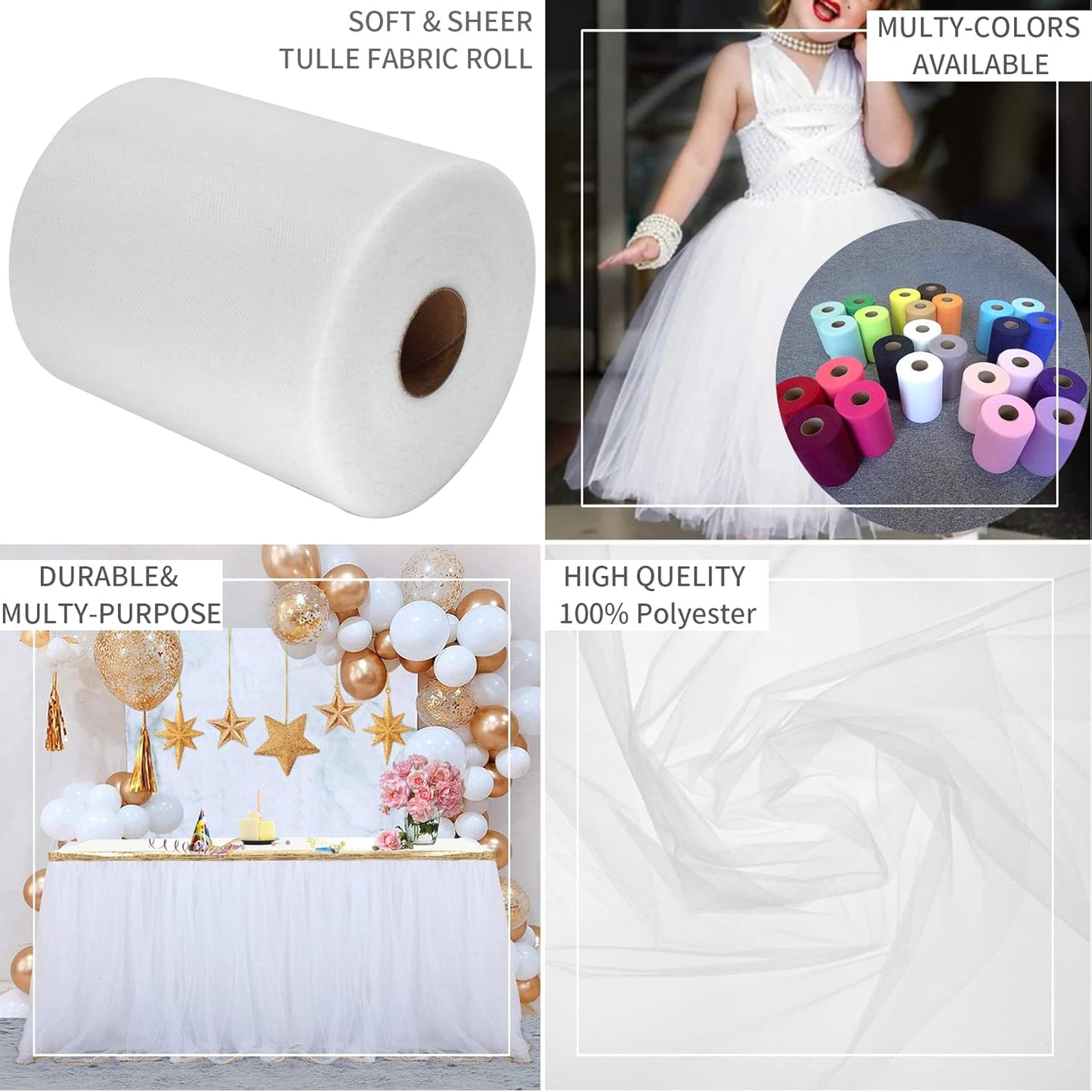 White Tulle Fabric Rolls 6 Inch by 200 Yards (600 feet) Fabric Spool Tulle Ribbon for DIY White Tutu Bow Baby Shower Birthday Party Wedding Christmas Decorations Craft Supplies