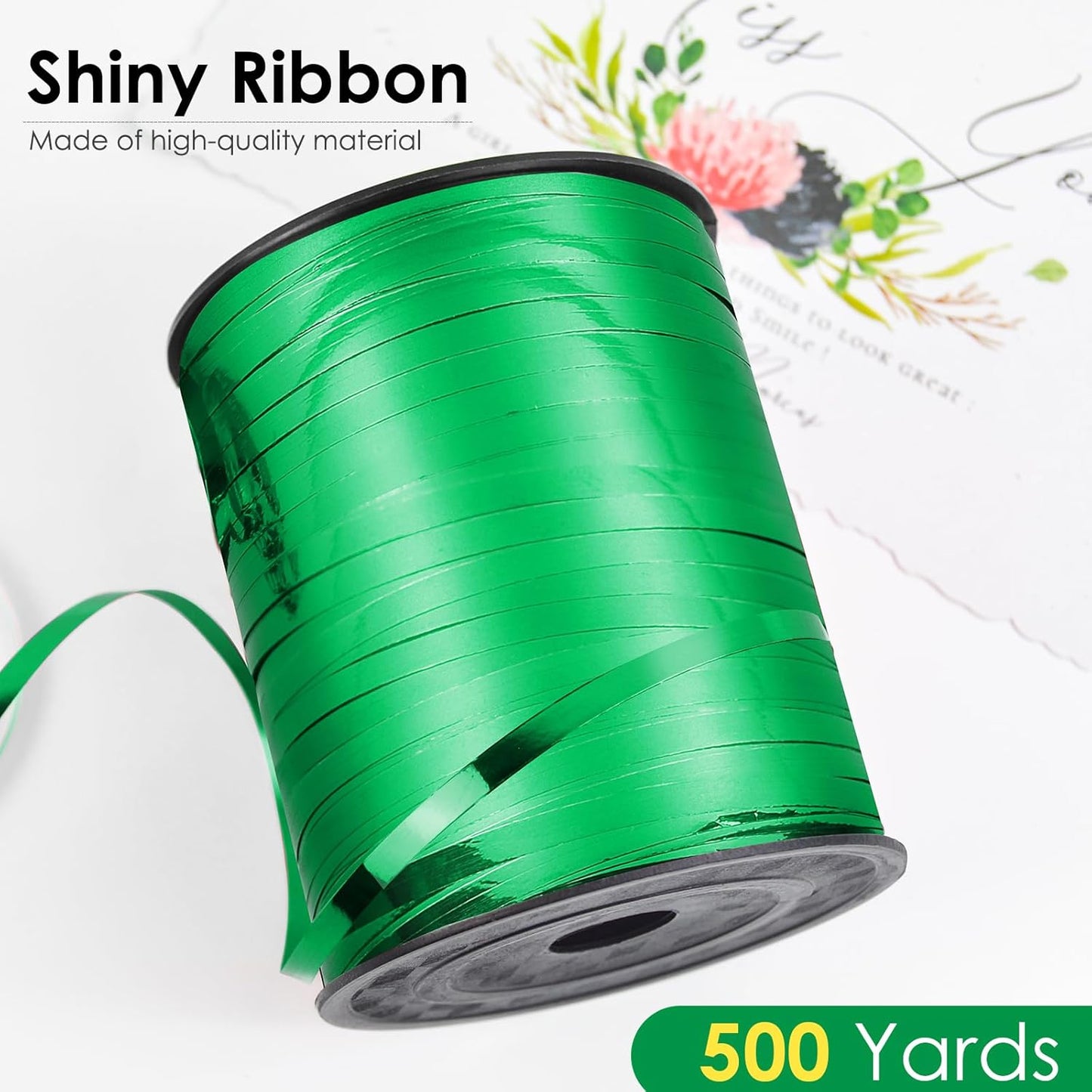 Green Metallic Ribbon - Iridescent Crimped, 500 Yards for Crafts, Gift Wrapping, Balloons, Florist (1 Roll)