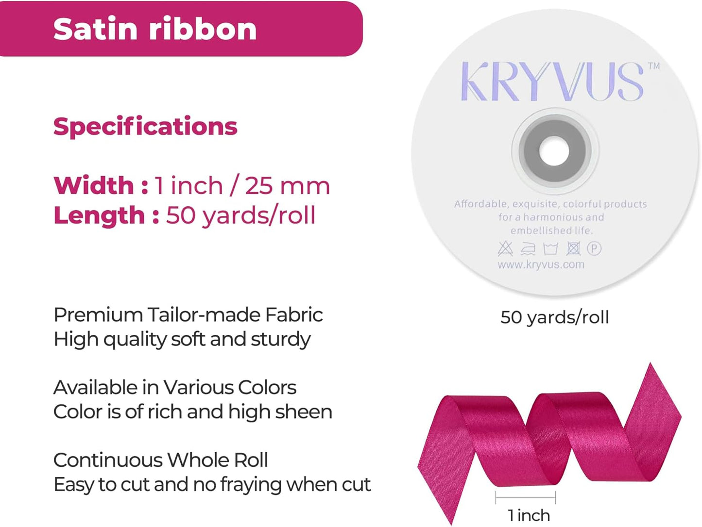 Rose Red Satin Ribbon 1 inch X Continuous 50 Yards, Single Face Polyester Ribbon Perfect for Gift Wrapping, Flower Bouquet, Wedding Decor, Crafts, Bow Making, Sewing and More