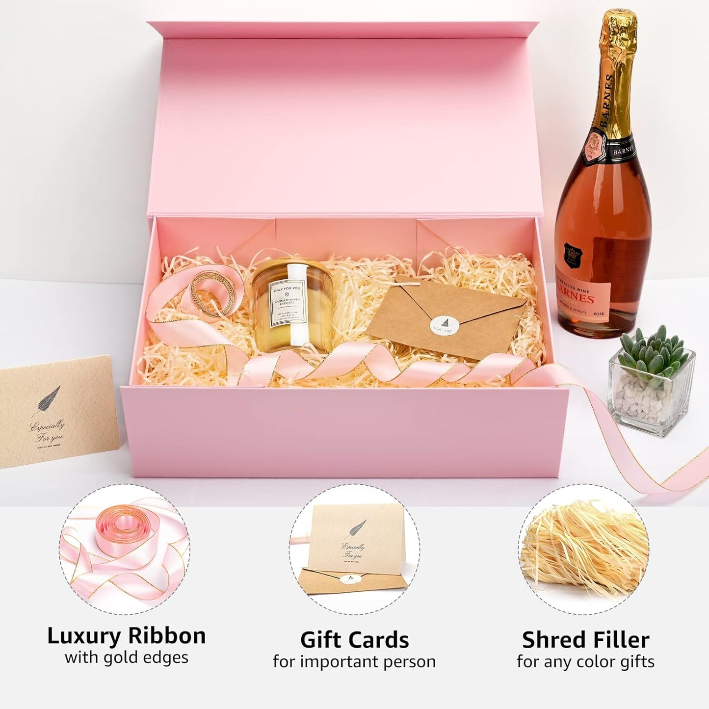 LIFELUM Gift Boxes for Presents, Extra Large Gift Box 2 Pack 13.85 x 8.35 x 4.45 inch with Magnetic Lid Pink Gift Box With Ribbon, Card, Shredded Paper Filler
