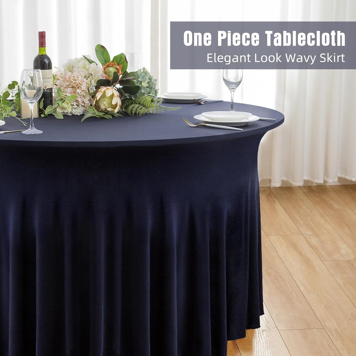 6 Pack Navy Blue Round Spandex Tablecloth 60 Inch, Wrinkle Free Stretch 120 Inch Fitted 5ft Navy Table Cloths Round Table Covers with Ruffle Skirt for Graduation Party Wedding Banquet