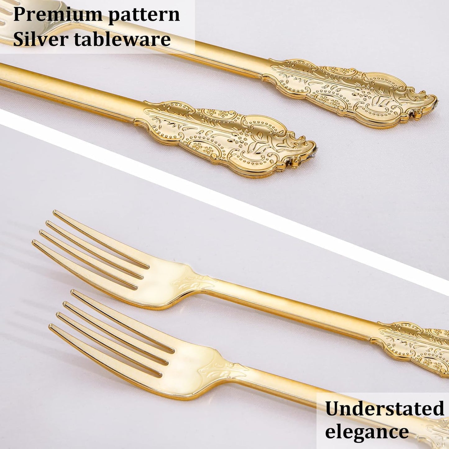 WDF 100 Piece Gold Forks Disposable - 7.48 Inch Gold Plastic Forks - Baroque Plastic Silverware for Dessert Cake - Heavy Duty Thanksgiving for Party, Wedding or Daily Using