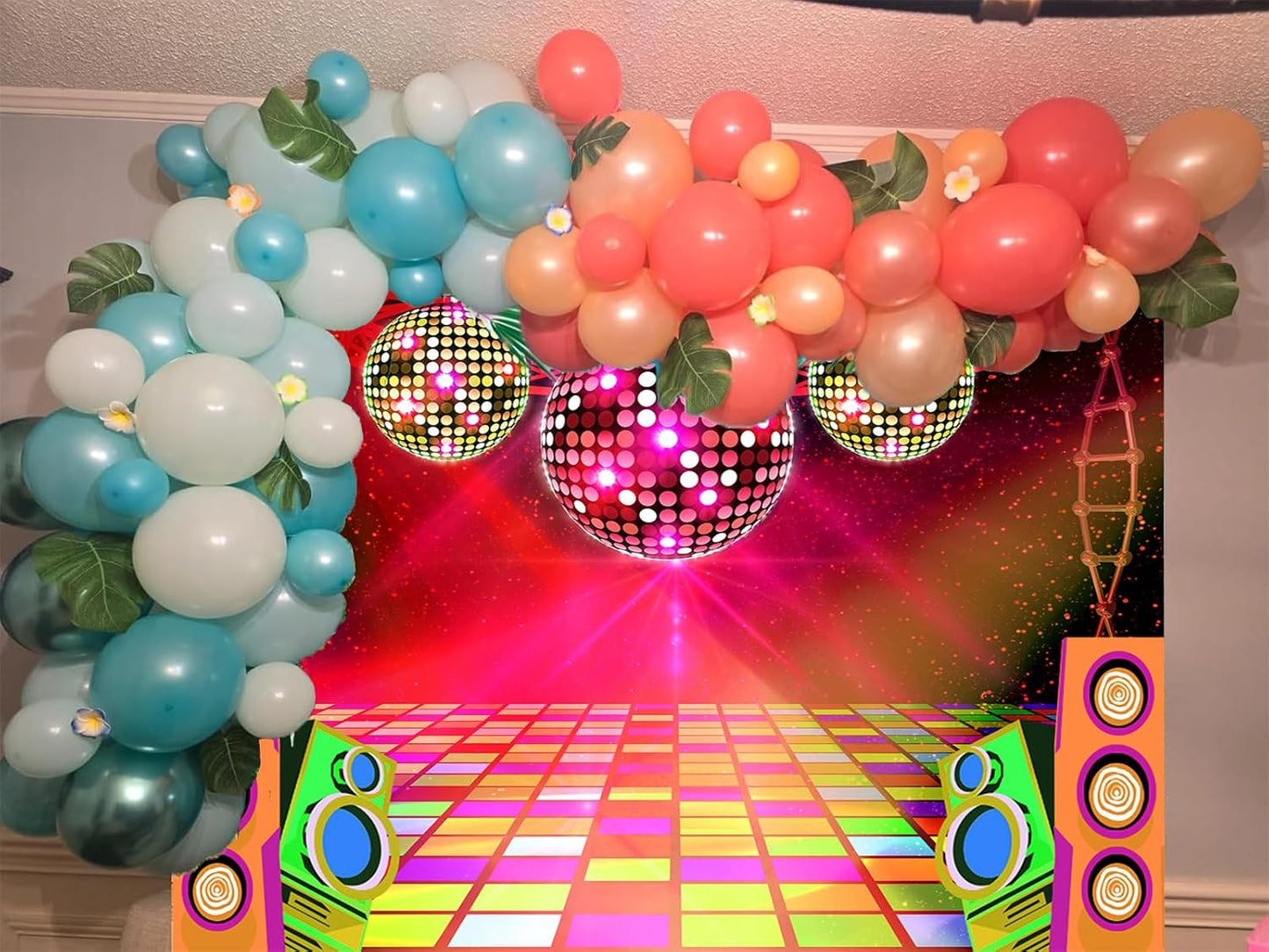 Dance Party Backdrop Retro 80s 90s Theme Stage Dance Ball Music Birthday Party Decoration DJ Photography Background 6 x 4 ft for Baby Shower Picture Photo Shoot Polyester Fabric, Red