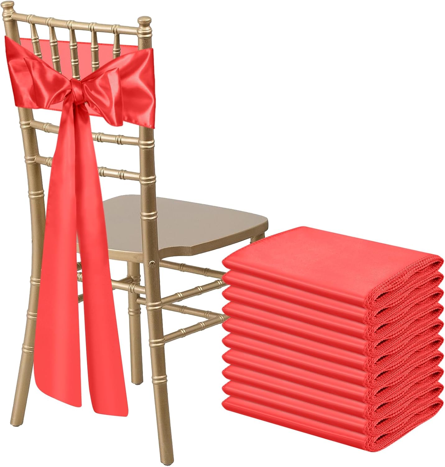 10 PCS Red Satin Chair Sashes Bows Universal Chair Ribbon Ties Back Sash for Wedding Party Reception Events Banquets Hotel Event Chair Cover Decoration (7x108 inch)