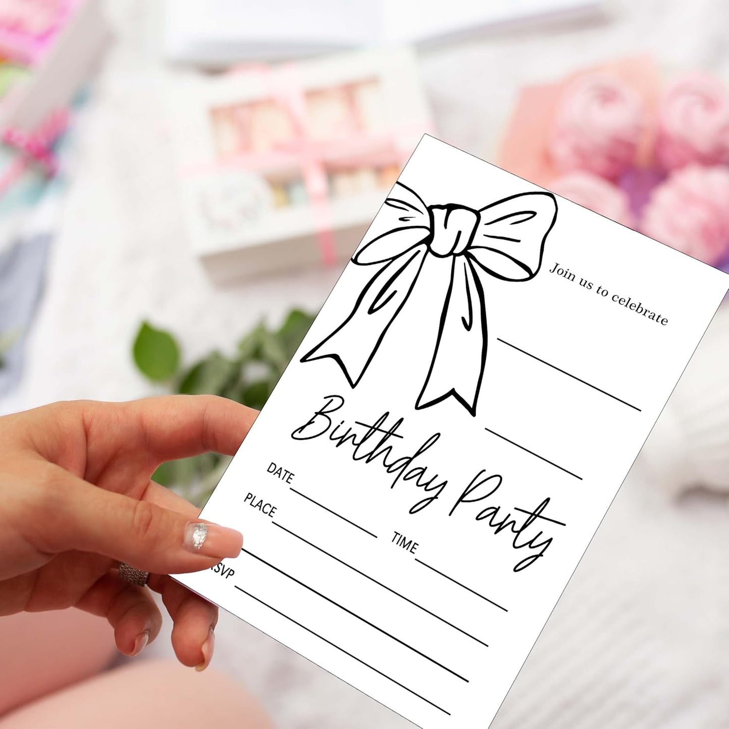 SIXEIGHT Black Bow Birthday Decorations, Black Ribbon Bow Birthday Party Invitations, 20 Party Invitations with Envelopes for Girls Boys, Bows Decorations Supplies, 4"x6"-A10