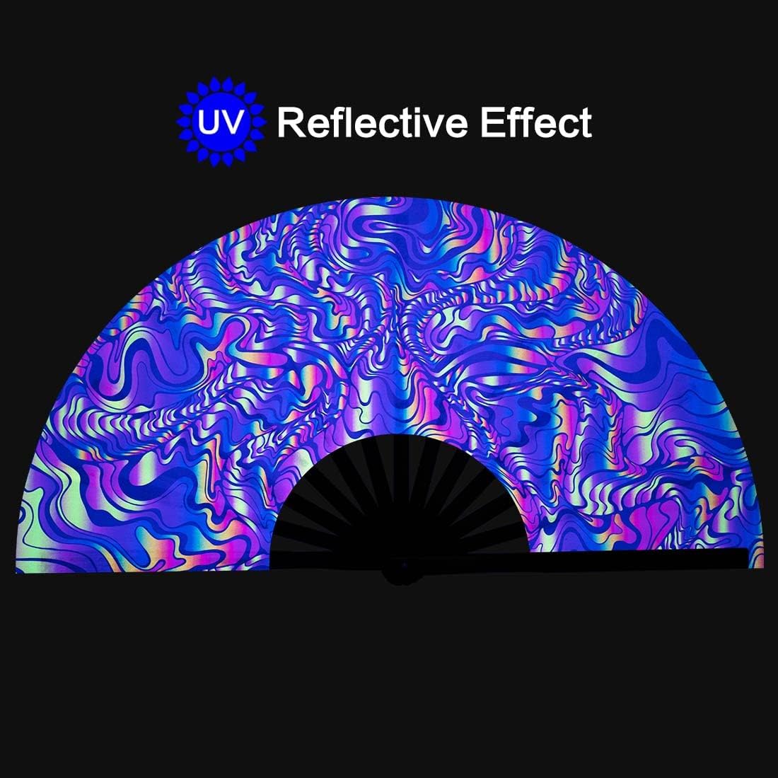 UV Glow Rave Fan, Bamboo Folding Clack Hand Fans Foldable for Men Women, Boots on the Ground Poping Fan for EDM Festival Line Dance Decoration, (Waves-2, Large 13")