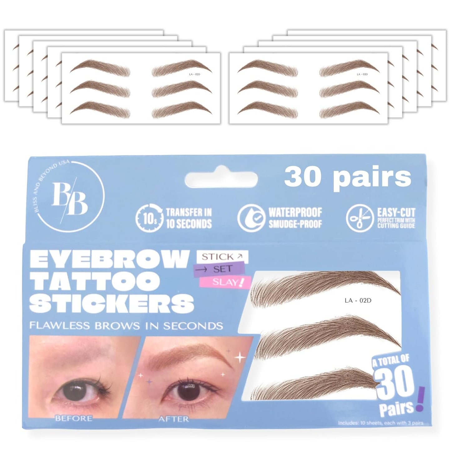 Bliss and Beyond USA Eyebrow Tattoo Stickers Waterproof – 30-Pair Deluxe Box | Realistic Hair-Like Temporary Brows for Alopecia, Cancer, and Hair Loss (Brown, Dramatic Los Angeles)