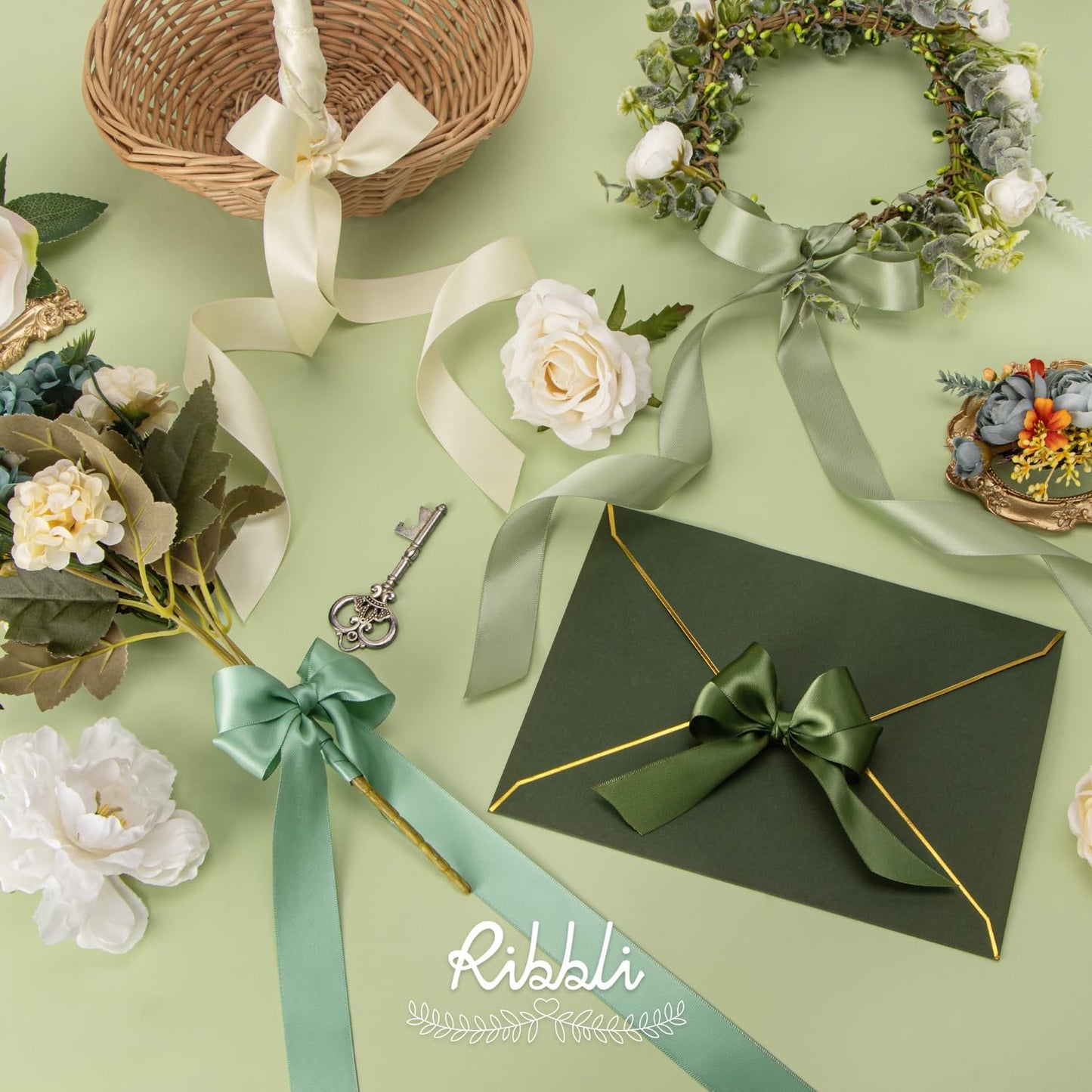 Ribbli Sage Green Satin Ribbon 1 Inch x 4 Rolls Total 40 Yards- Ivory/Sage/Dusty Sage/Moss Green Ribbon for Gift Wrapping Craft Wedding Decoration