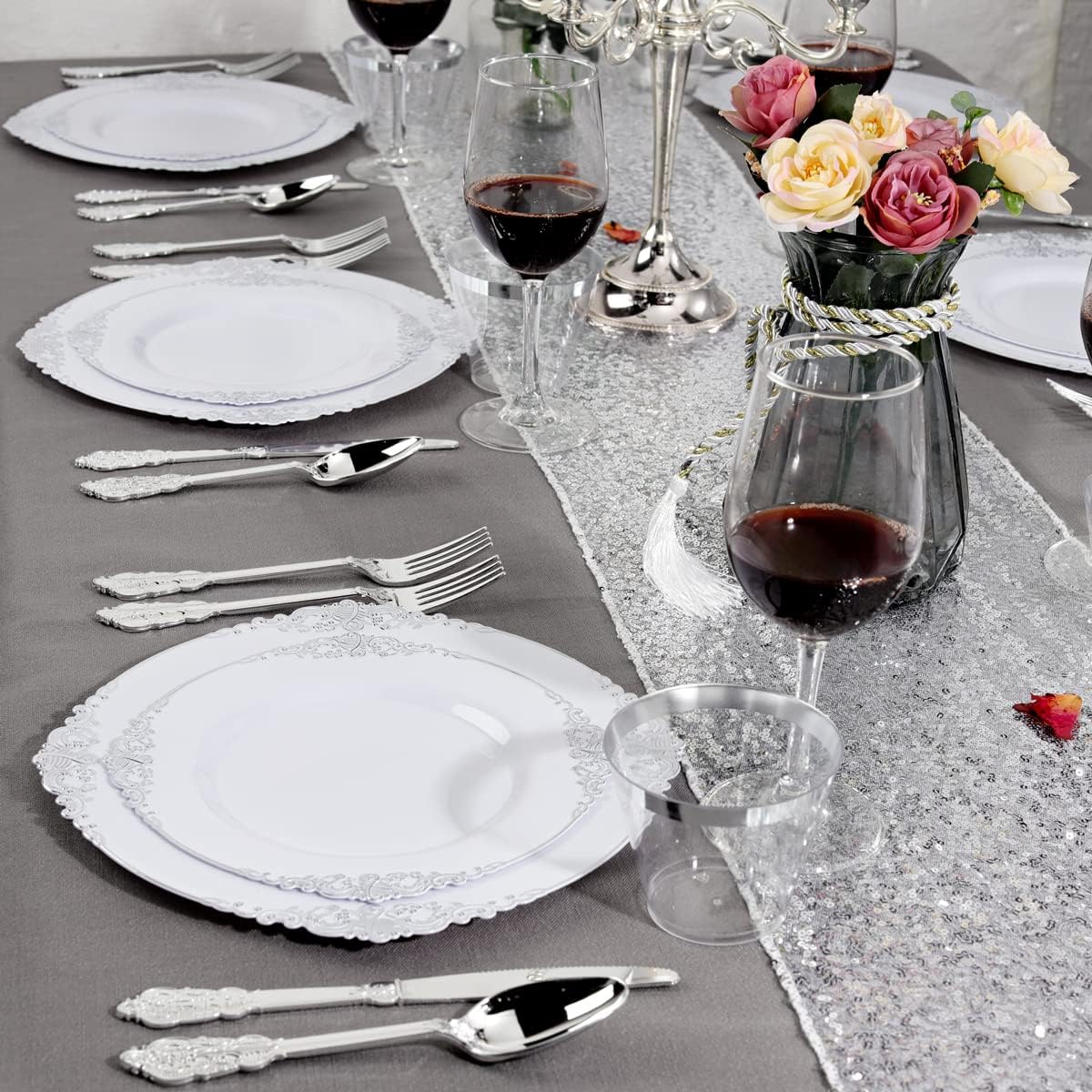 Liacere 150PCS Silver Plastic Plates with Silver Cutlery - Disposable Plastic Plates Include 30Dinner Plate, 30Dessert Plate, 30Knives, 30Spoons, 30Forks - Ideal for Wedding&Christmas