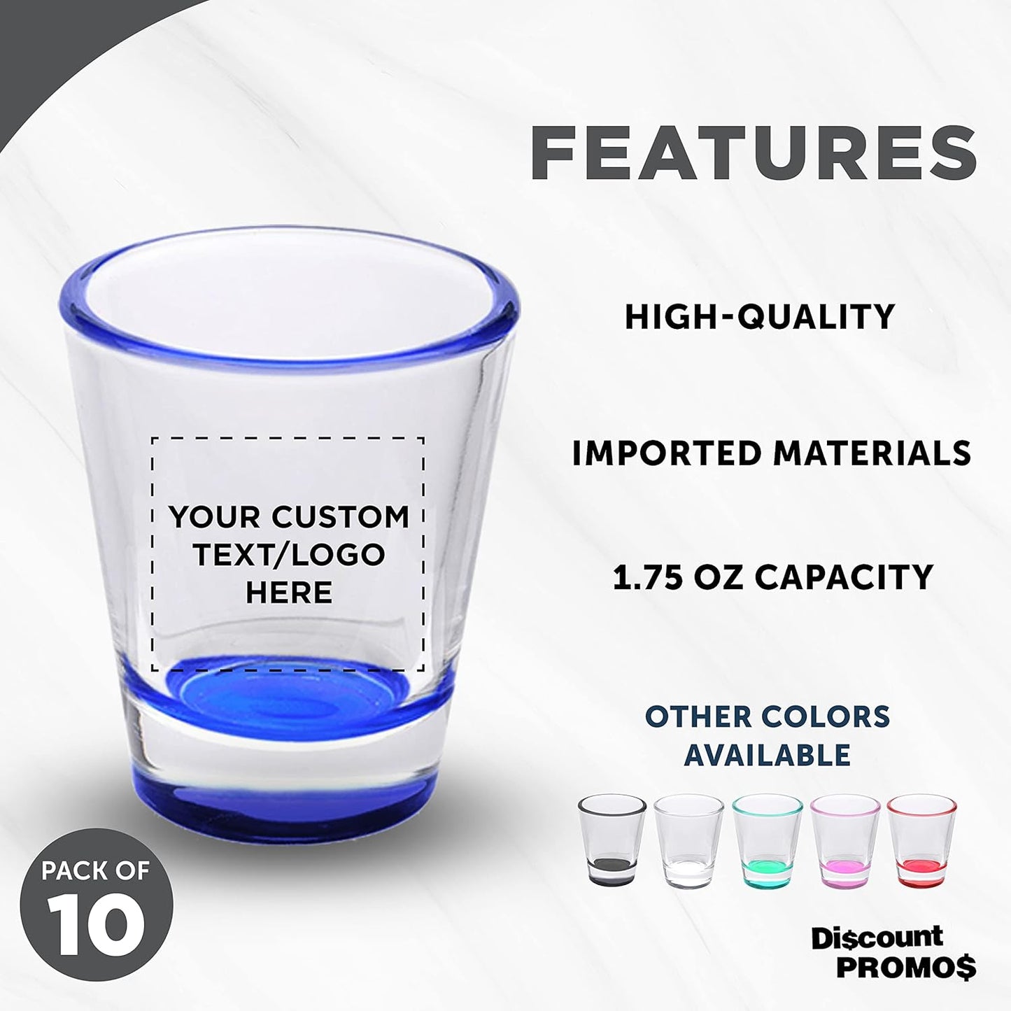 Custom Shot Glasses 1.75 oz. Set of 10, Personalized Bulk Pack - Great for Wedding Favors, Bachelorette Party Decorations, Party Fovors, Color Bottom - Blue