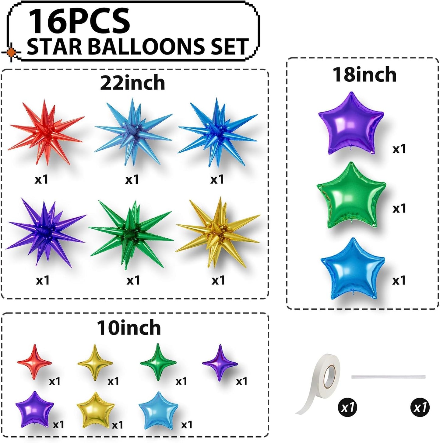 16 Pcs Colorful Star Balloons, 22/18/10 Inch Foil Rainbow Balloons, Red Blue Gold Purple Green Balloon for Kids Boy Girl Birthday Wedding Baby Shower Party Decorations