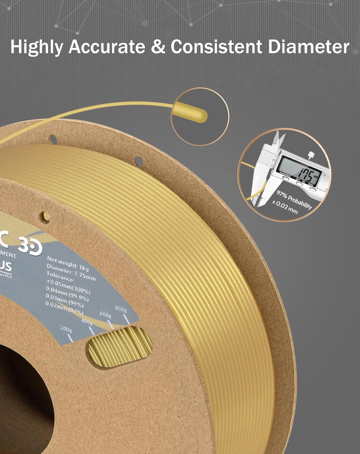 DURAMIC 3D PLA+ Filament 1.75mm 3D Printer Filament with Higher Tensile & Rigidity 1Kg Cardboard Spool (2.2lbs), Dimensional Accuracy Probability +/- 0.02mm Champagne Gold