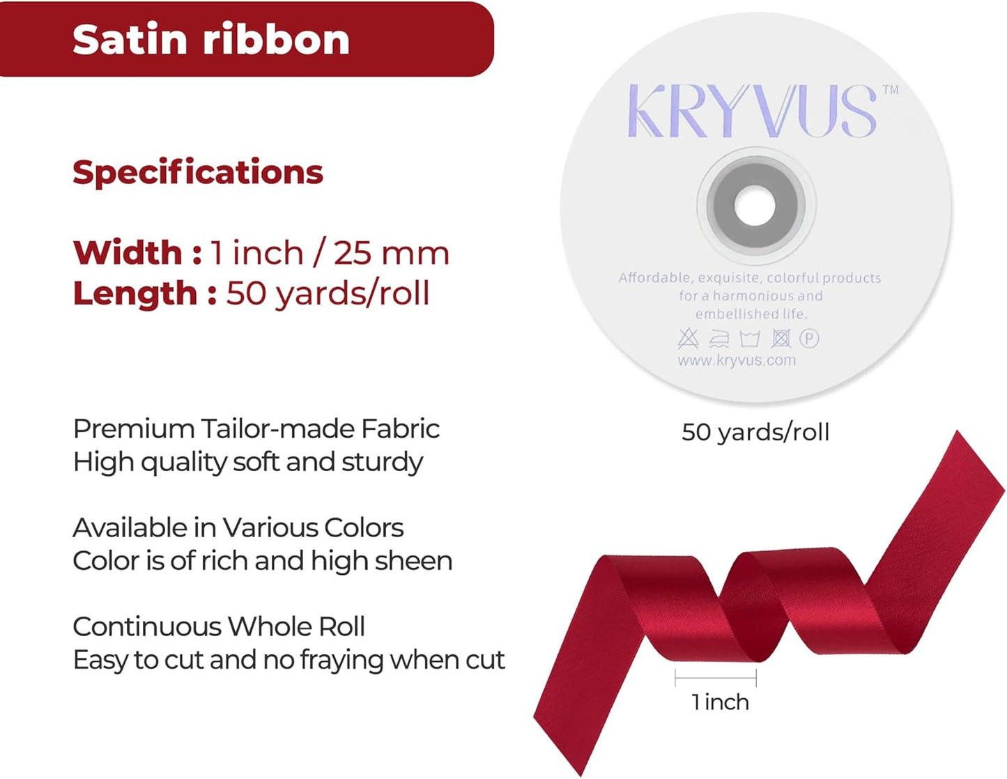 Scarlet Red Satin Ribbon 1 inch X Continuous 50 Yards, Single Face Polyester Ribbon Perfect for Gift Wrapping, Flower Bouquet, Wedding Decor, Crafts, Bow Making, Sewing and More