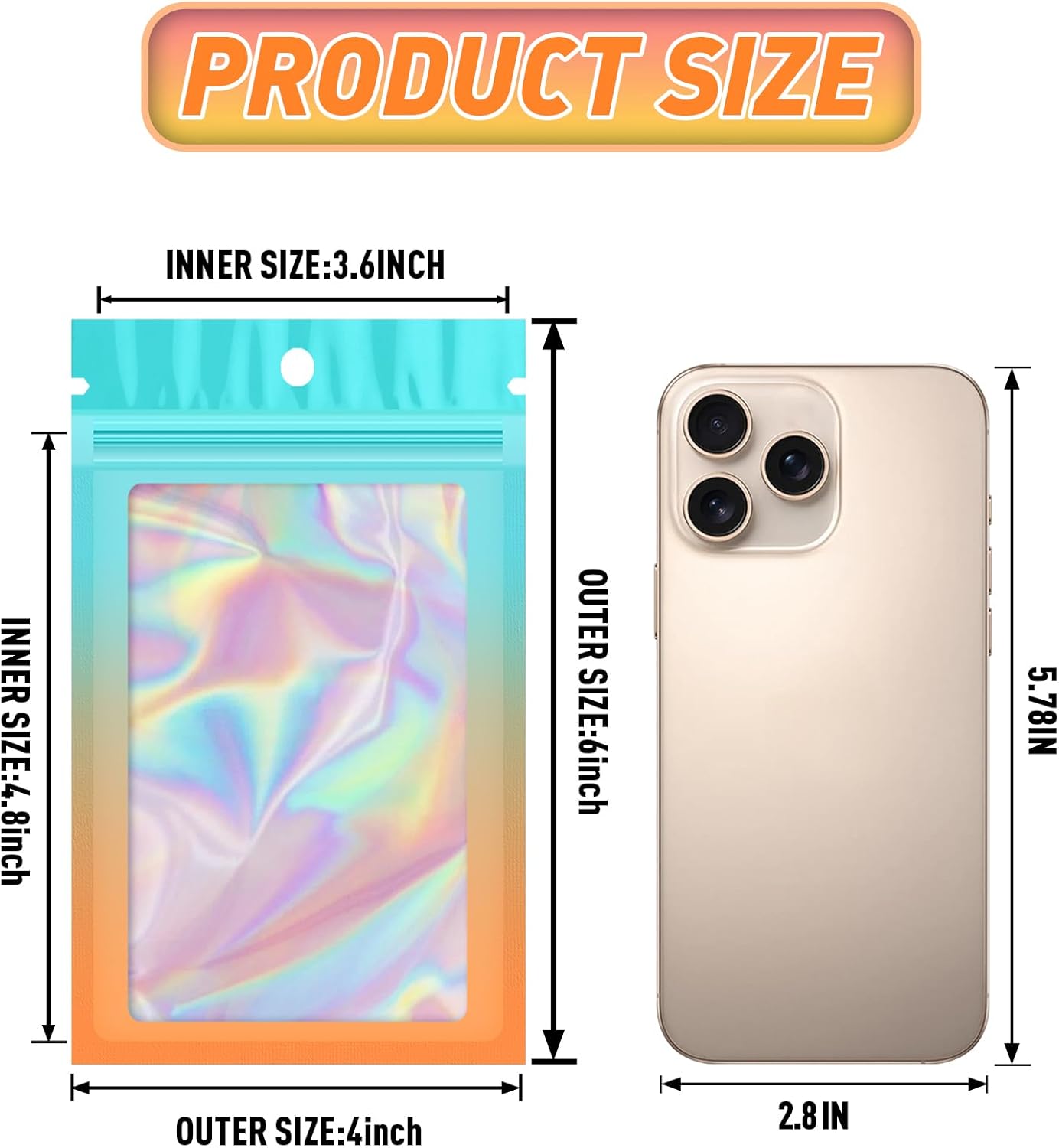 Funfery 100 Pack Holographic Bags,Mylar Resealable Bags with Zipper,Clear Window Packaging Pouch,Foil Bag for Food Storage,Sample Jewelry Bag(4×6in,Blue Orange)