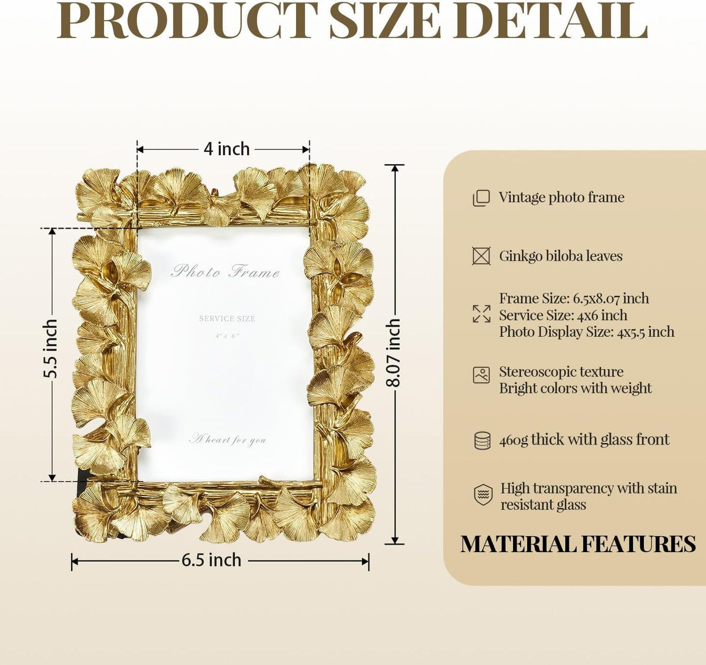 Cuspin Gold Picture Frame 4x6 Vintage Gold Frames, Ornate Leaf Textured Hand-Crafted Resin with Glass Front Antique Photo Frame for Tabletop Display, Retro Design Home Decor