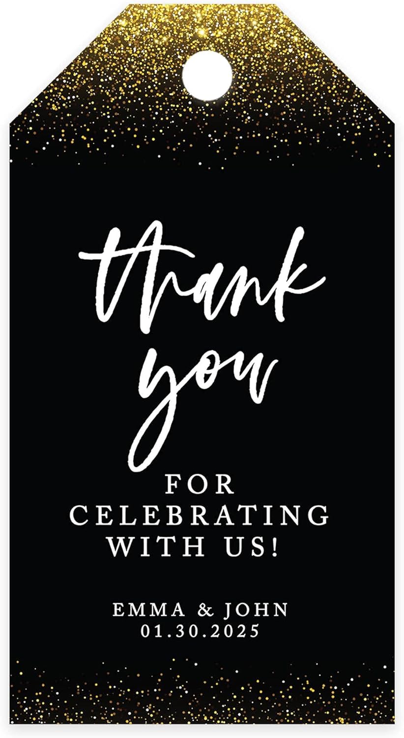 Andaz Press 100-Pack Personalized Thank You for Celebrating with Us Wedding Favor Tags with Bakers Twine Gold Glitter with Black Thank You Tags for Party Favors 2 X 3.75-Inches Custom Thank You Tags