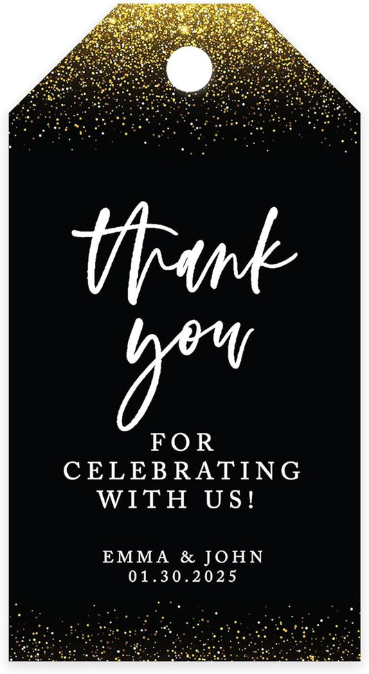 Andaz Press 100-Pack Personalized Thank You for Celebrating with Us Wedding Favor Tags with Bakers Twine Gold Glitter with Black Thank You Tags for Party Favors 2 X 3.75-Inches Custom Thank You Tags