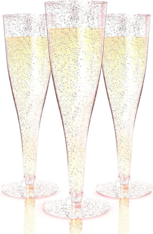 Prestee 24 Piece Plastic Champagne Flutes - 4.5 oz Plastic Wine Glasses with Rose Gold Glitter - Cocktail Glasses for Parties - Party Supplies for Mimosa Bar, Wedding, Shower Party and New Years Eve