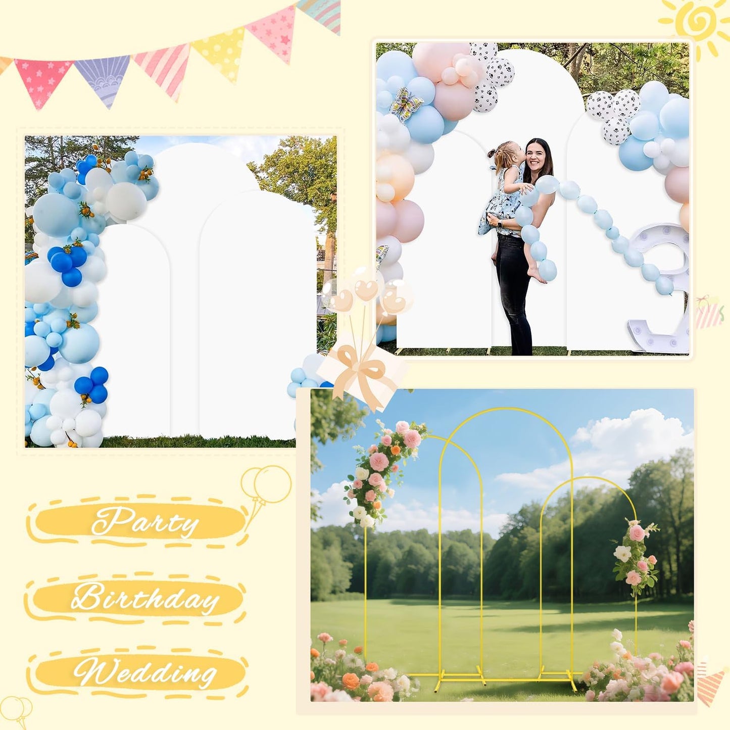 Metal Arch Backdrop Stand and White Wedding Arch Cover Set 7.2FT 6.6FT 6FT Wedding Arched Frame Balloon Arch Backdrop Stand with Spandex Arched Covers for Baby Shower Bridal Banquet Decor